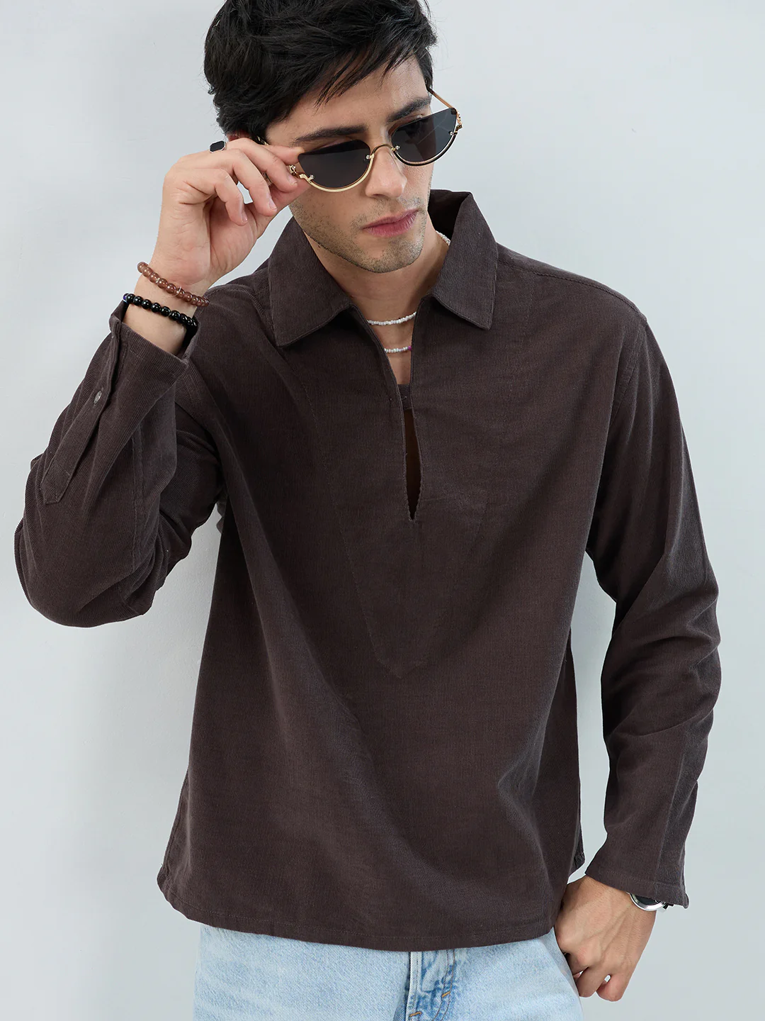 Charcoal Grey Corduroy Cuffless Oversized Shirt - Image 2