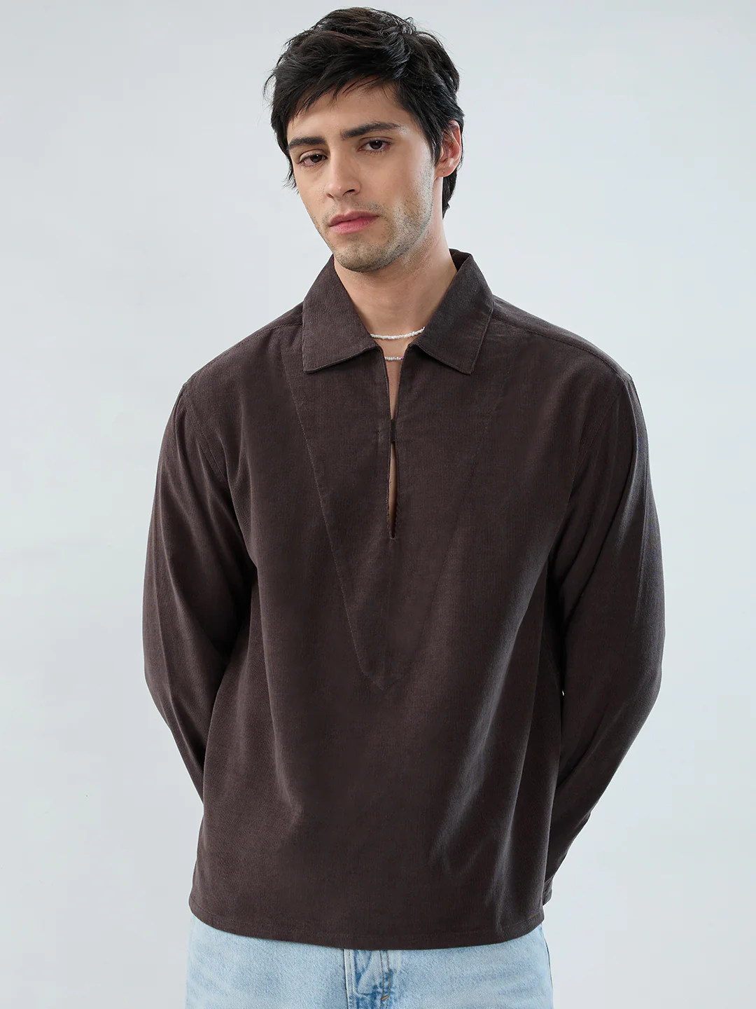 Charcoal Grey Corduroy Cuffless Oversized Shirt - Image 4