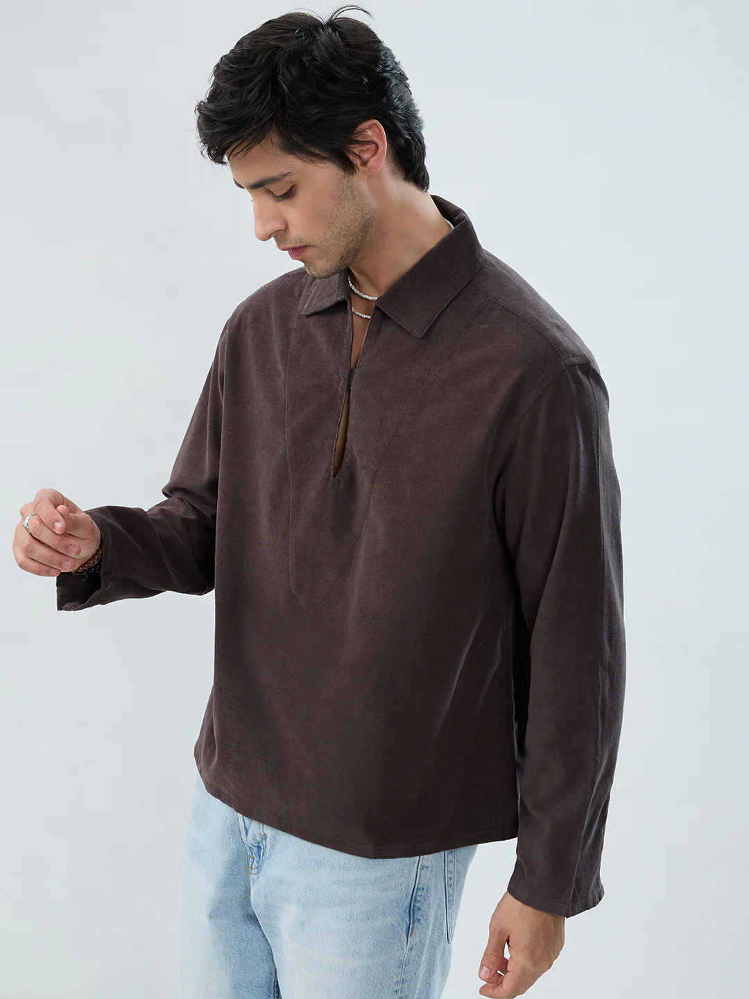 Charcoal Grey Corduroy Cuffless Oversized Shirt - Image 5