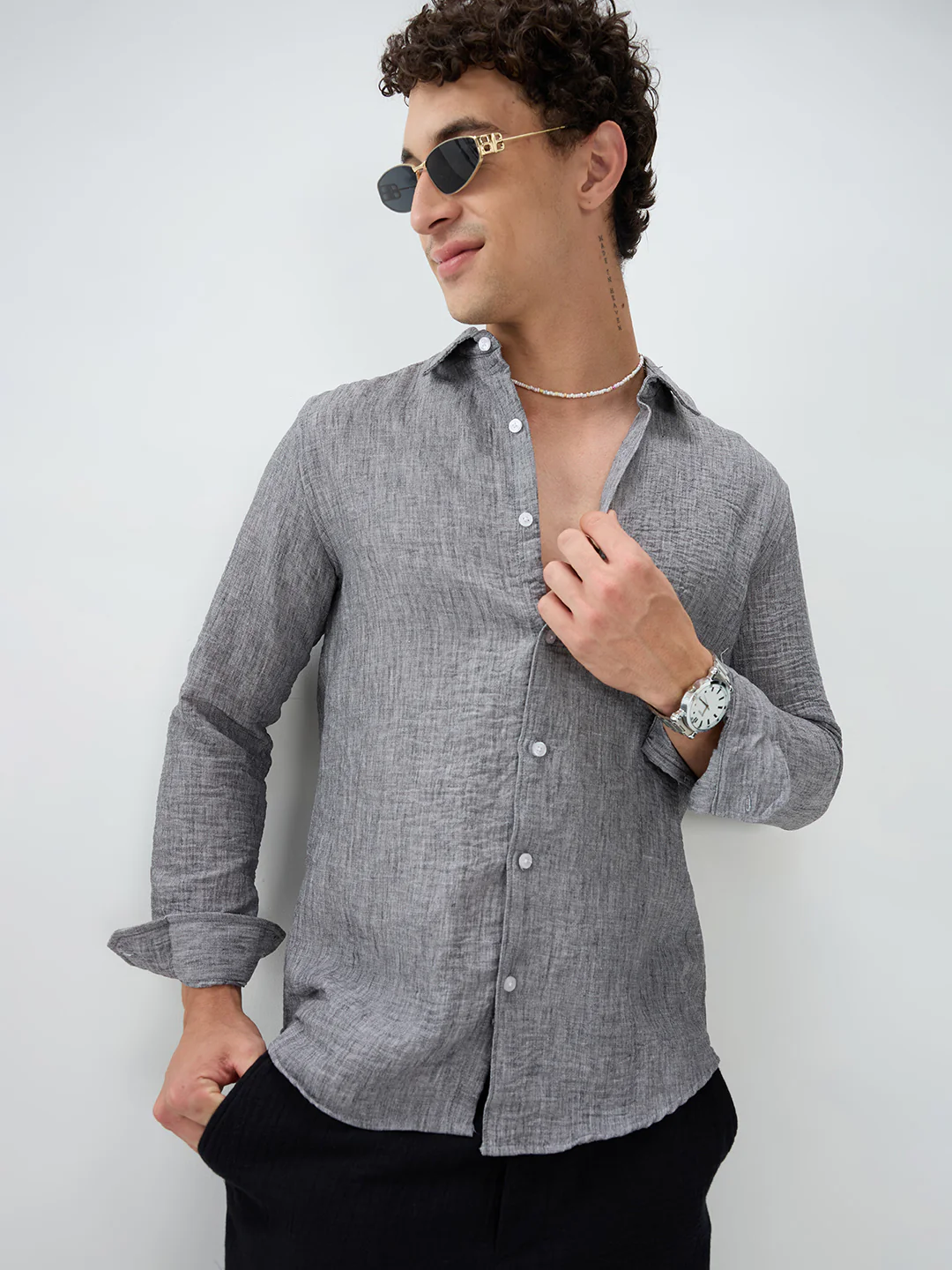 Charcoal Grey Dense-Weave Crinkled Shirt - Image 2