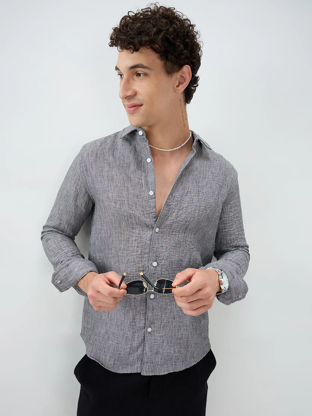 Charcoal Grey Dense-Weave Crinkled Shirt - Image 4