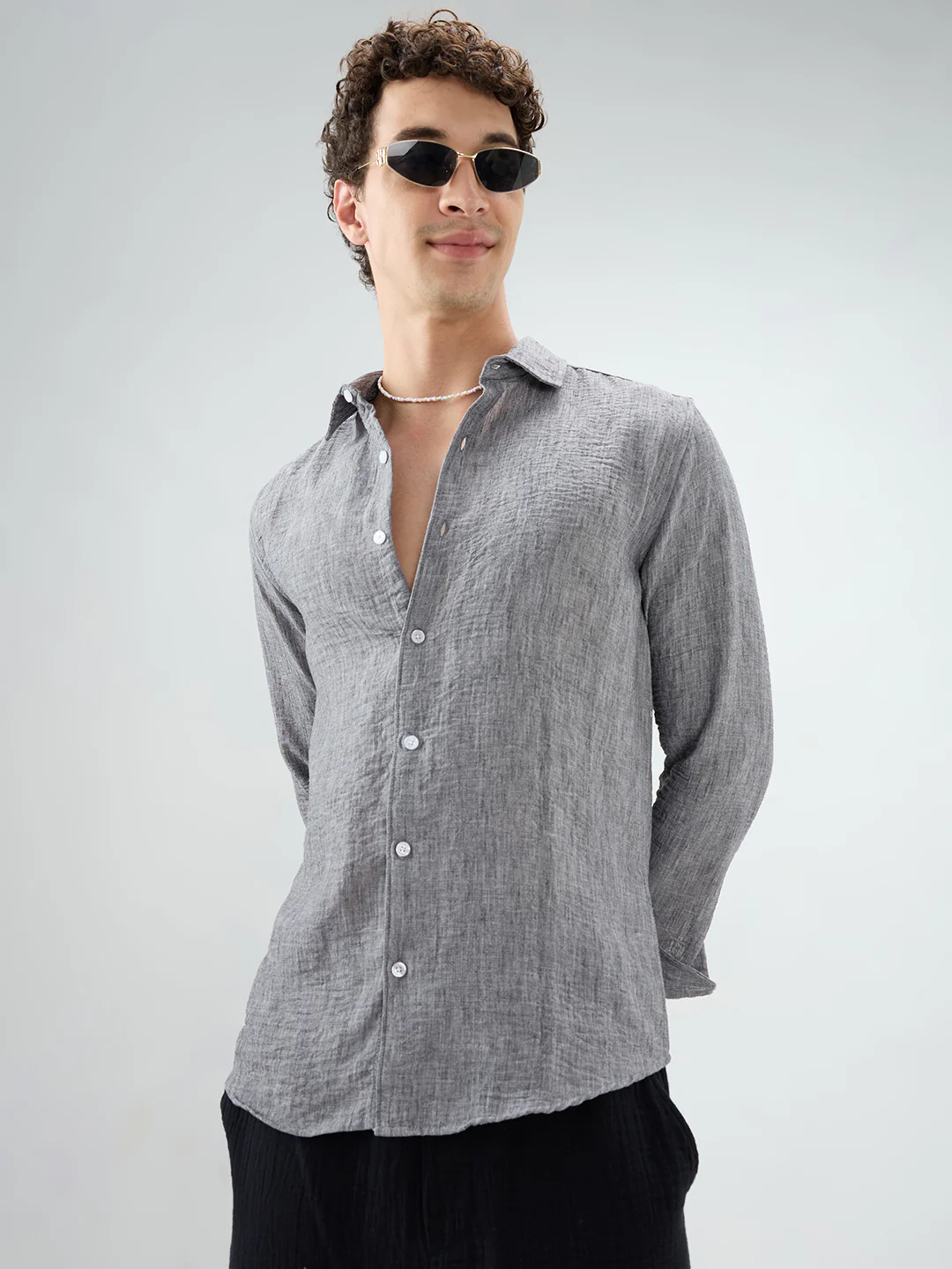 Charcoal Grey Dense-Weave Crinkled Shirt - Image 5