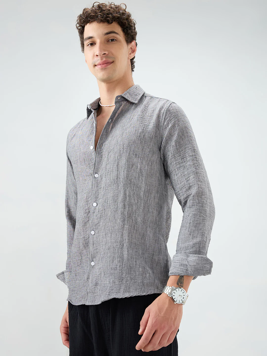 Charcoal Grey Dense-Weave Crinkled Shirt - Image 6