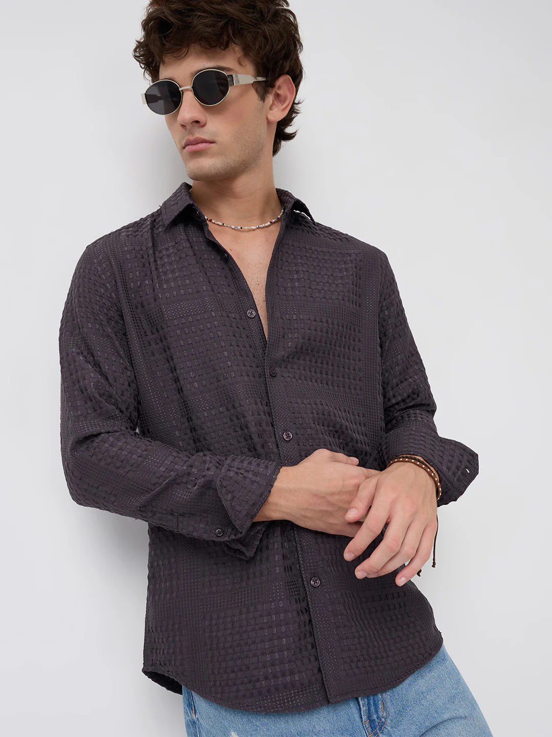 Charcoal Grey Geometric Grid Embossed Textured Shirt