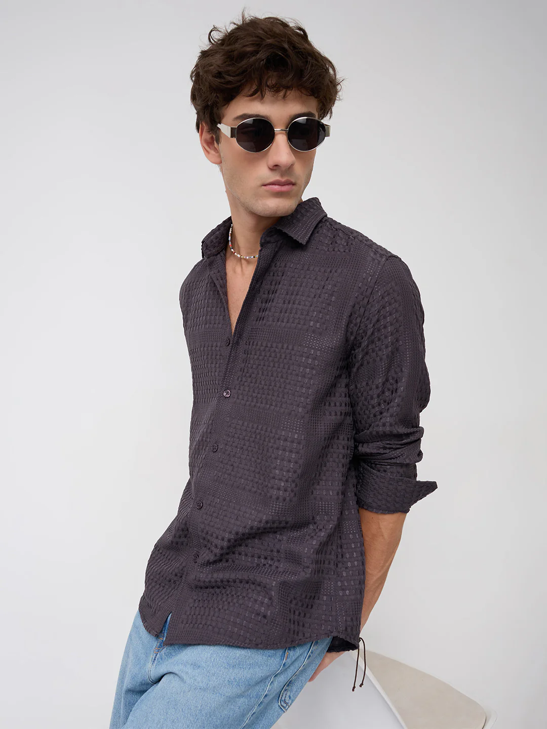 Charcoal Grey Geometric Grid Embossed Textured Shirt - Image 2