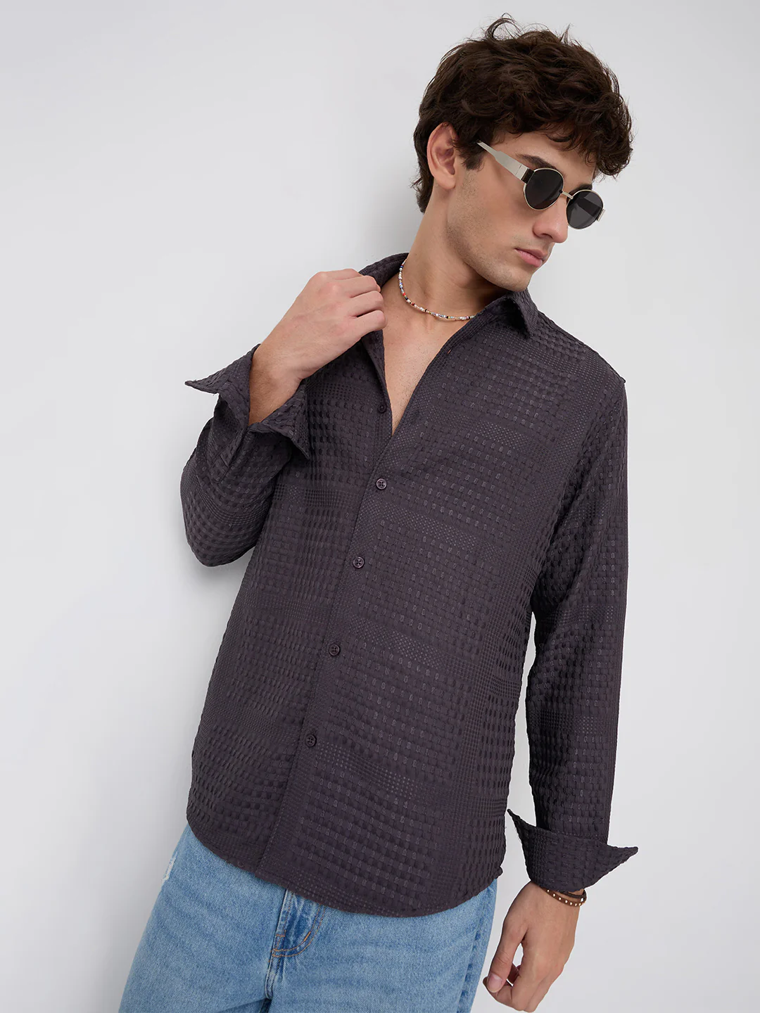 Charcoal Grey Geometric Grid Embossed Textured Shirt - Image 4