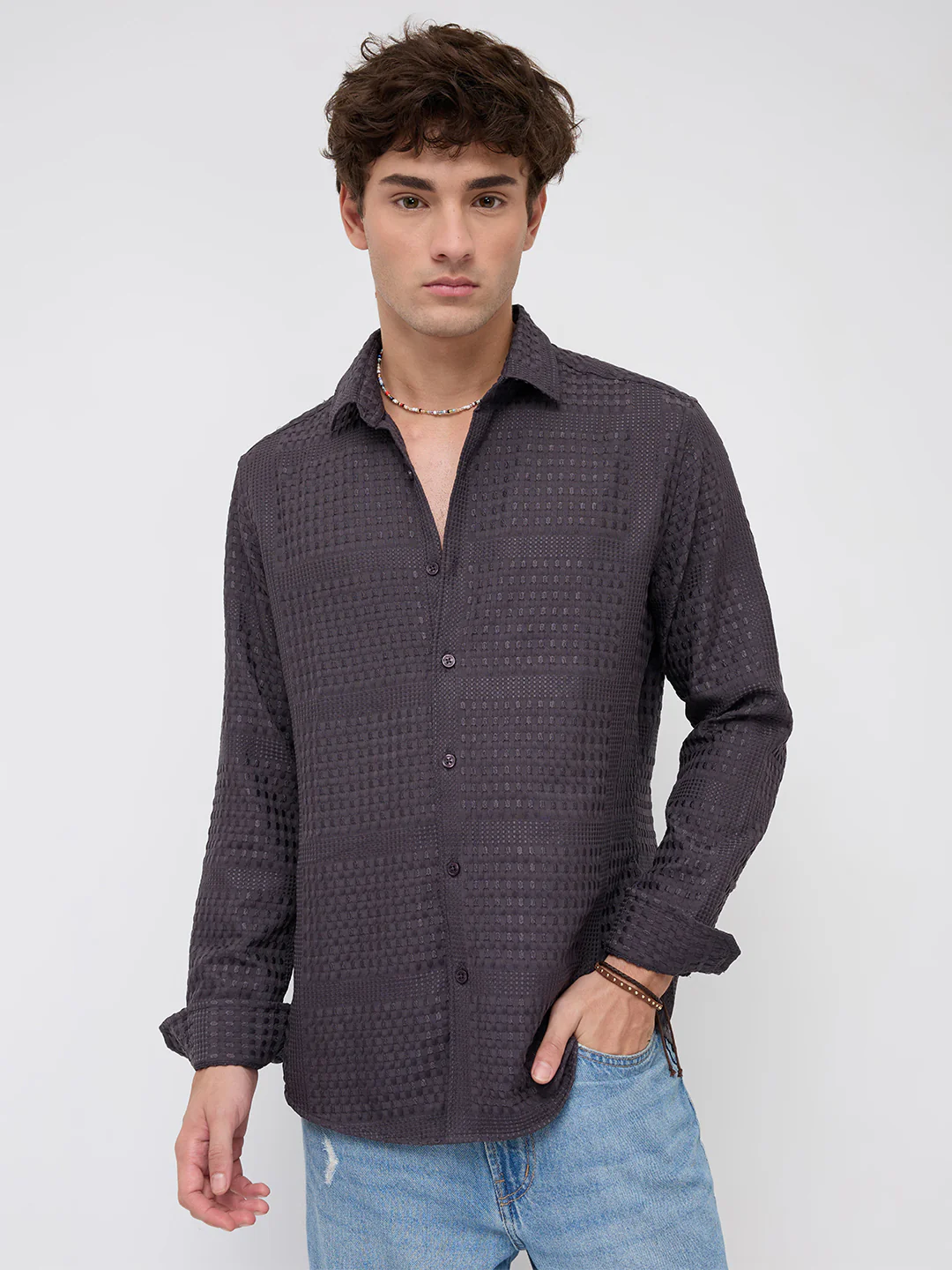 Charcoal Grey Geometric Grid Embossed Textured Shirt - Image 5