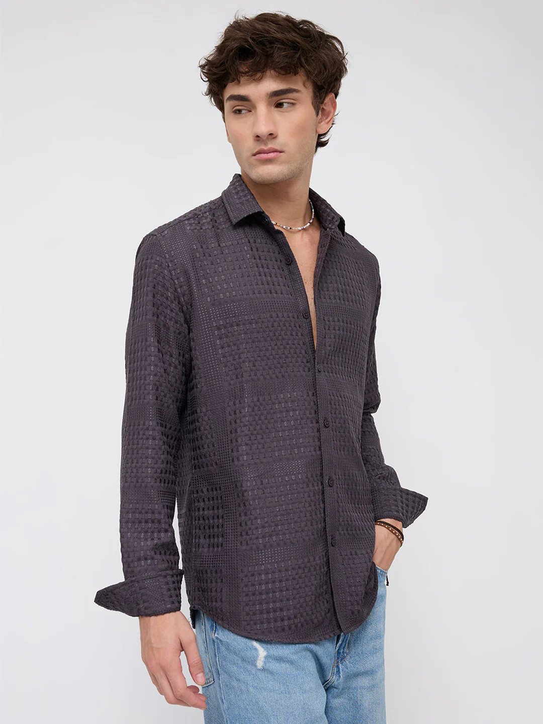 Charcoal Grey Geometric Grid Embossed Textured Shirt - Image 6