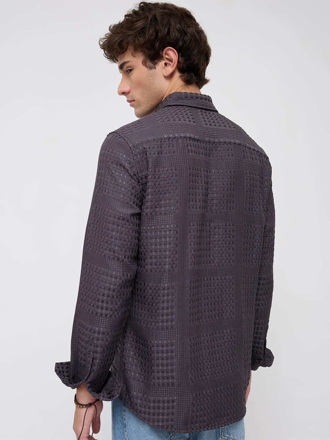 Charcoal Grey Geometric Grid Embossed Textured Shirt - Image 7