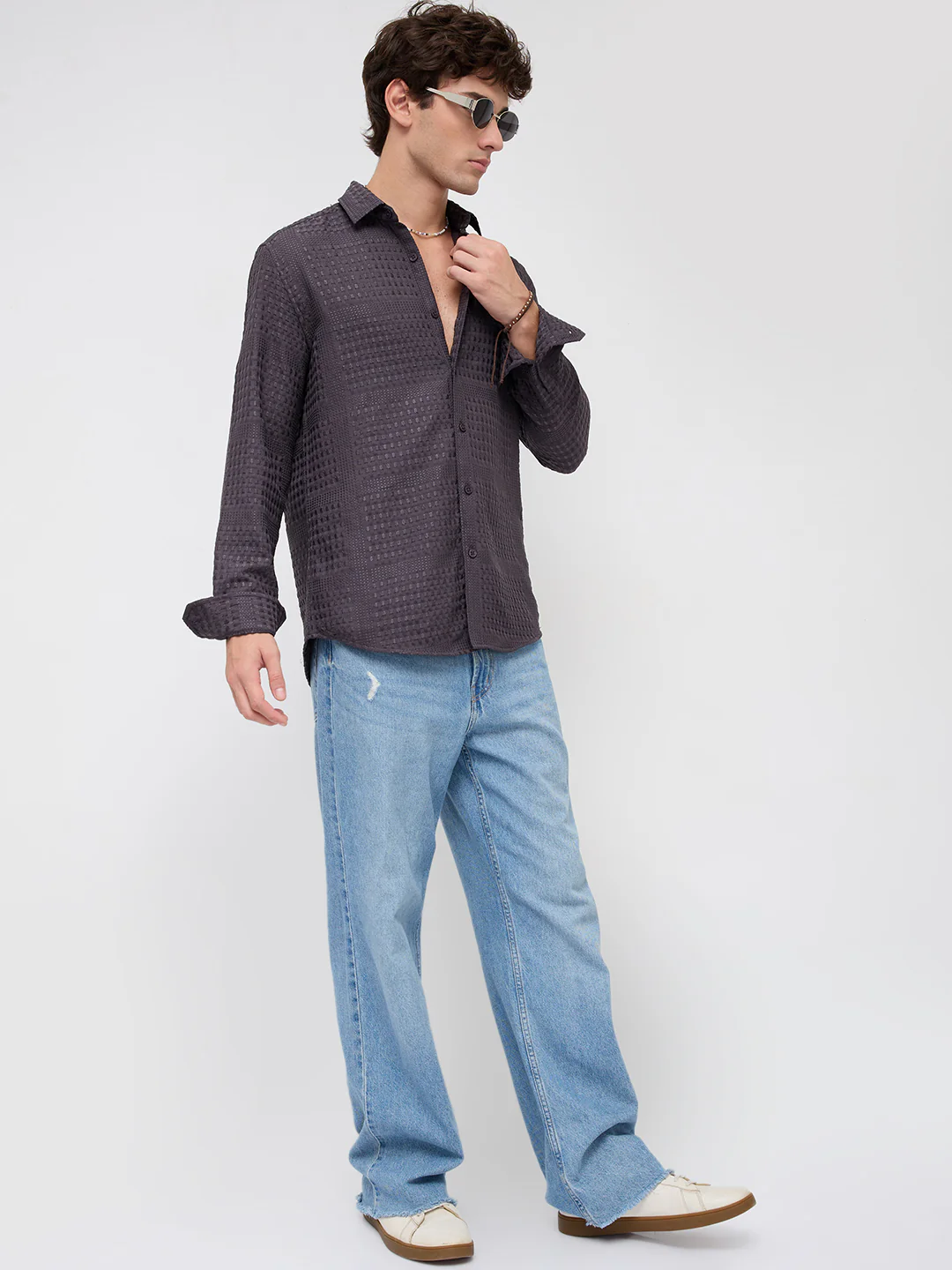 Charcoal Grey Geometric Grid Embossed Textured Shirt - Image 8