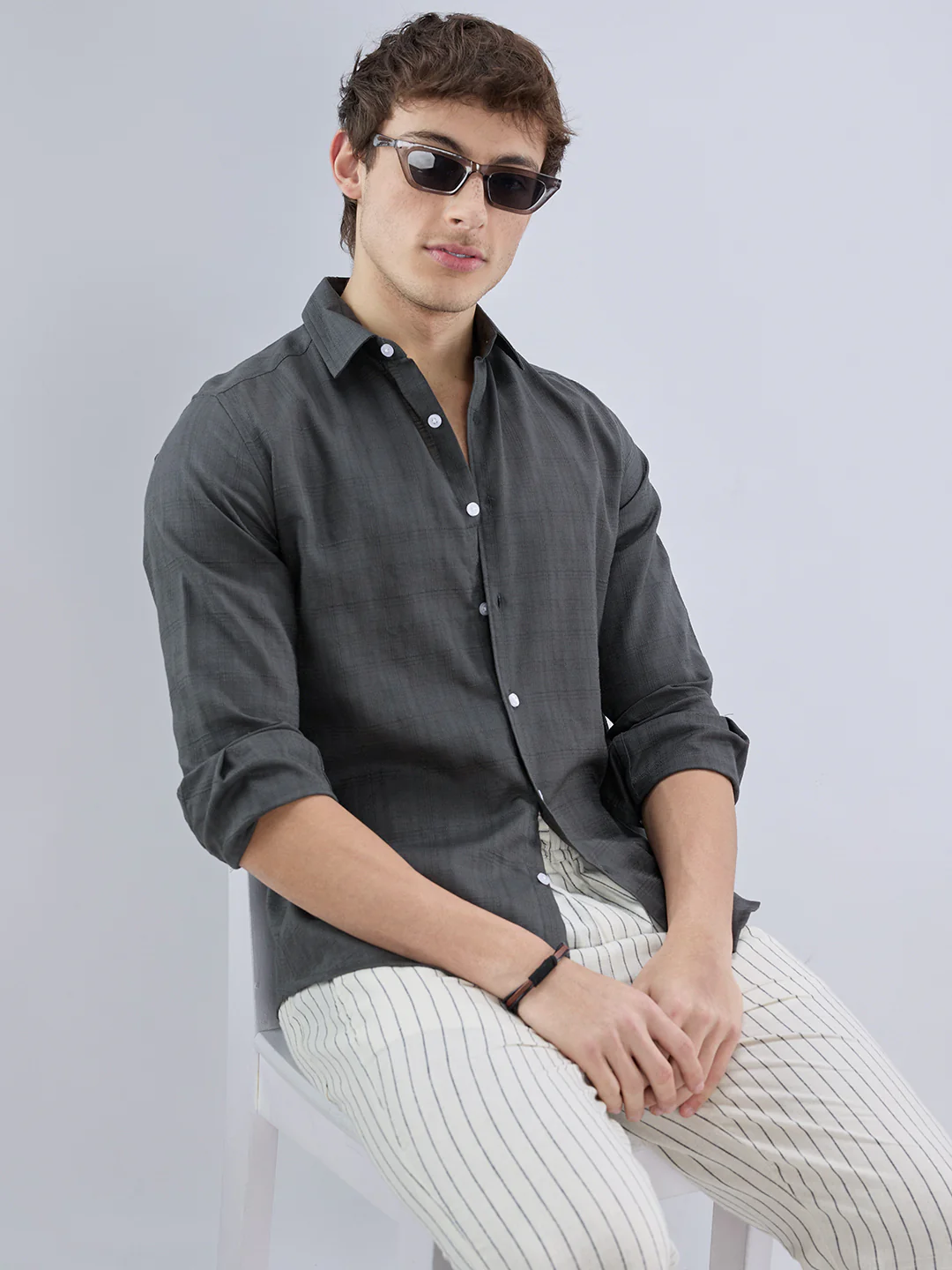 Charcoal Grey Micro Frid Textured Shirt - Image 4