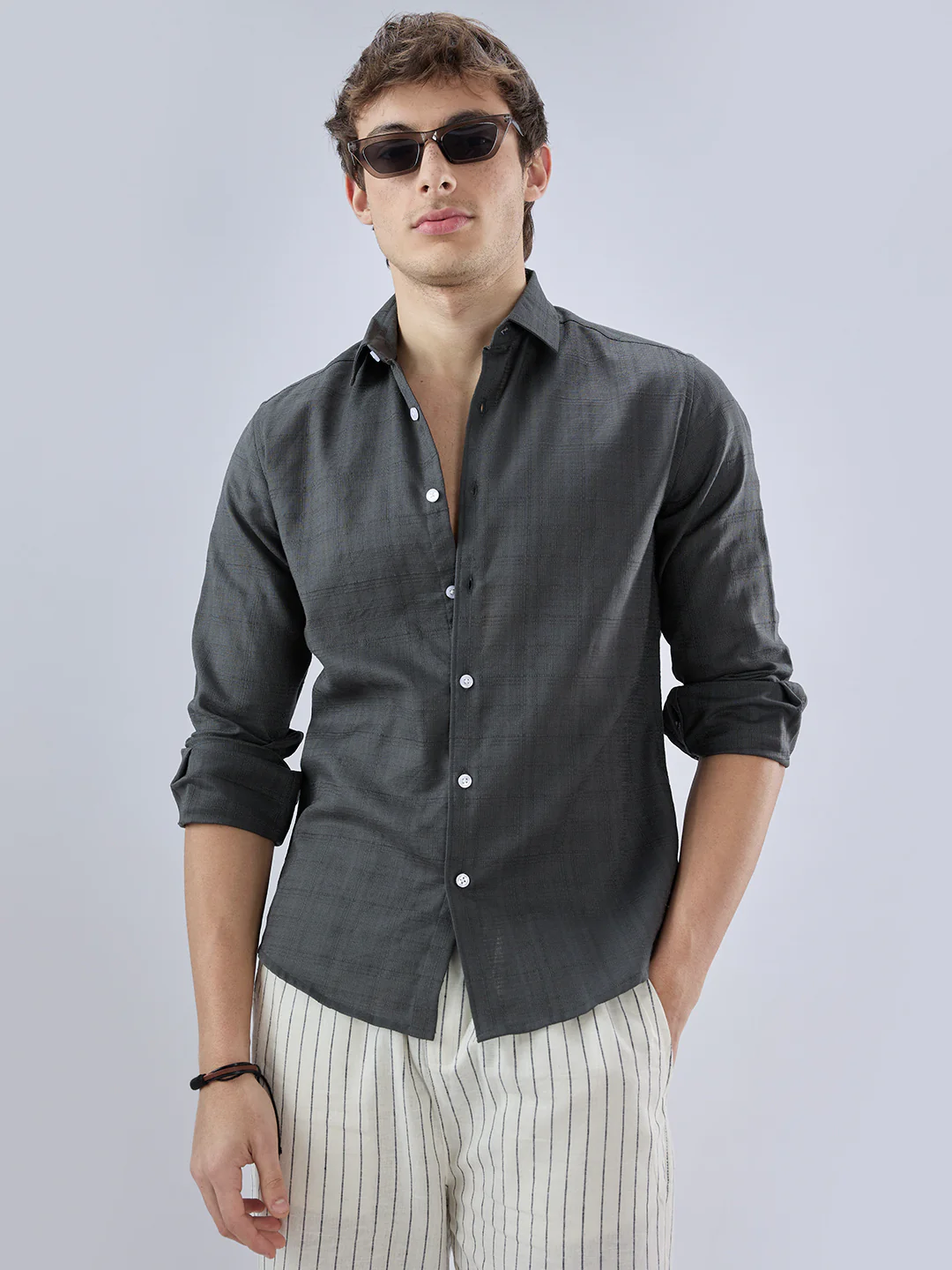 Charcoal Grey Micro Frid Textured Shirt - Image 5