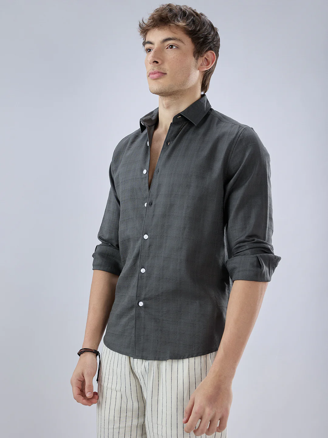 Charcoal Grey Micro Frid Textured Shirt - Image 6