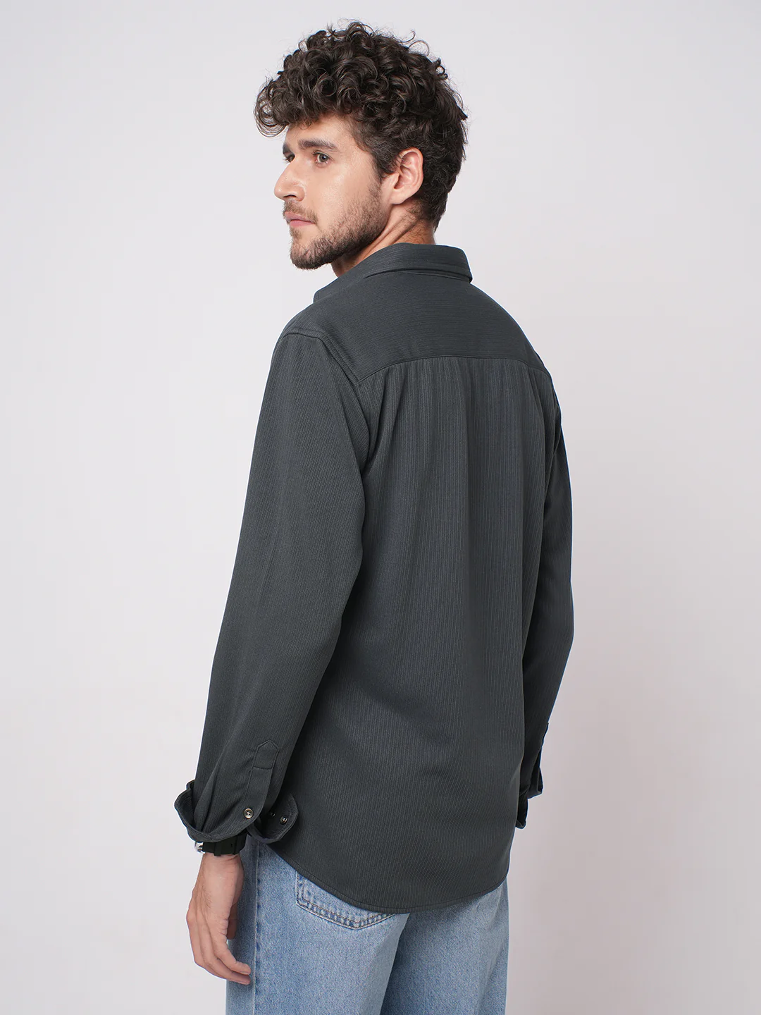 Charcoal Grey Serene Pinstripe Knitted Shirt - Image 5
