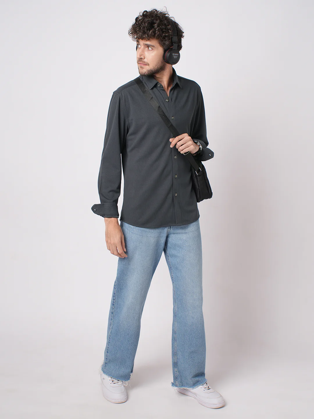 Charcoal Grey Serene Pinstripe Knitted Shirt - Image 6