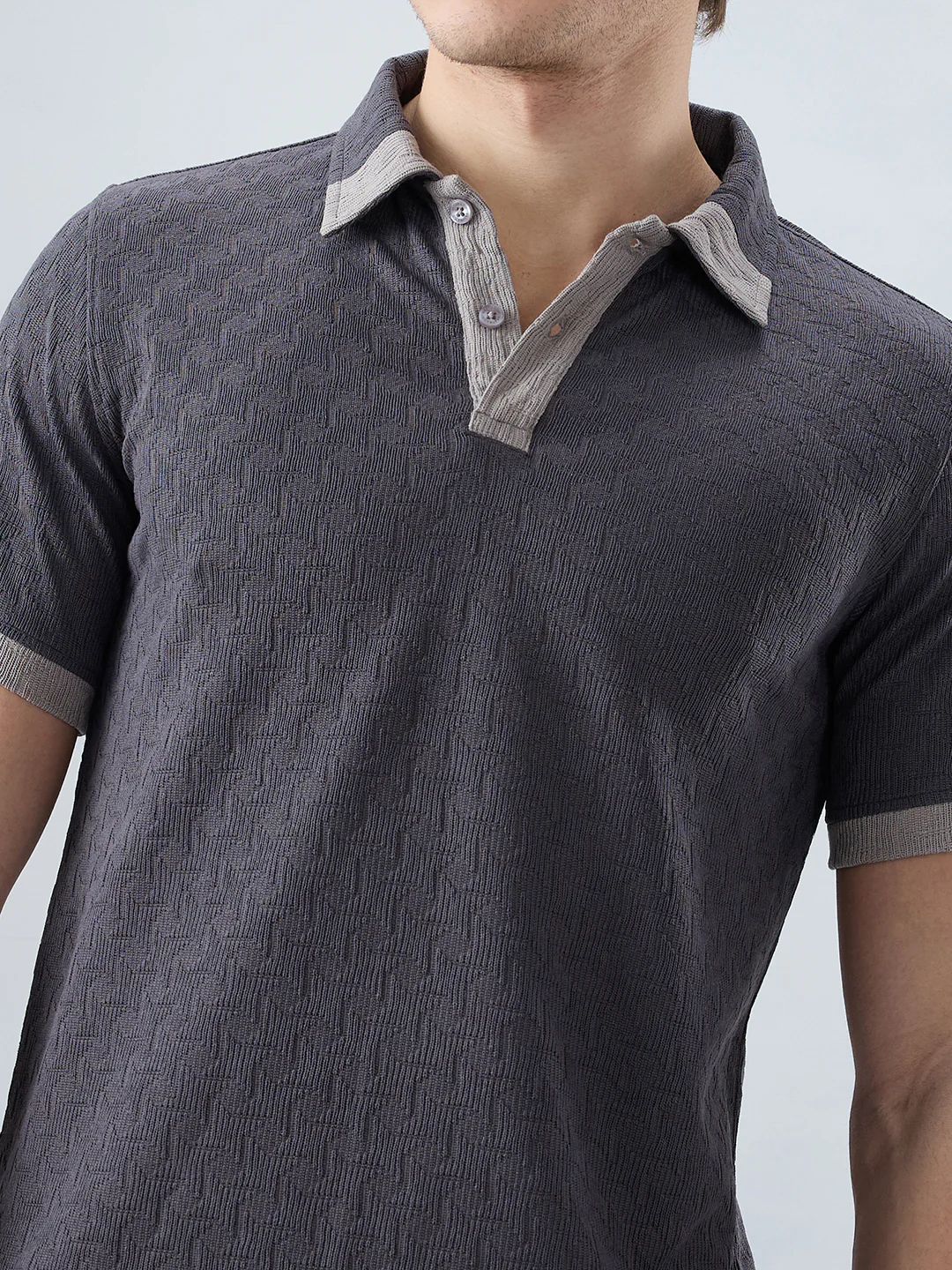 Charcoal Grey Textured Contrast Polo Neck Knit T-shirt - Image 3