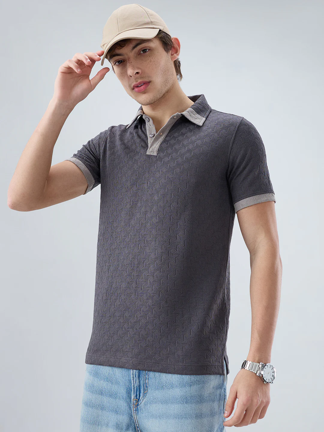 Charcoal Grey Textured Contrast Polo Neck Knit T-shirt - Image 4