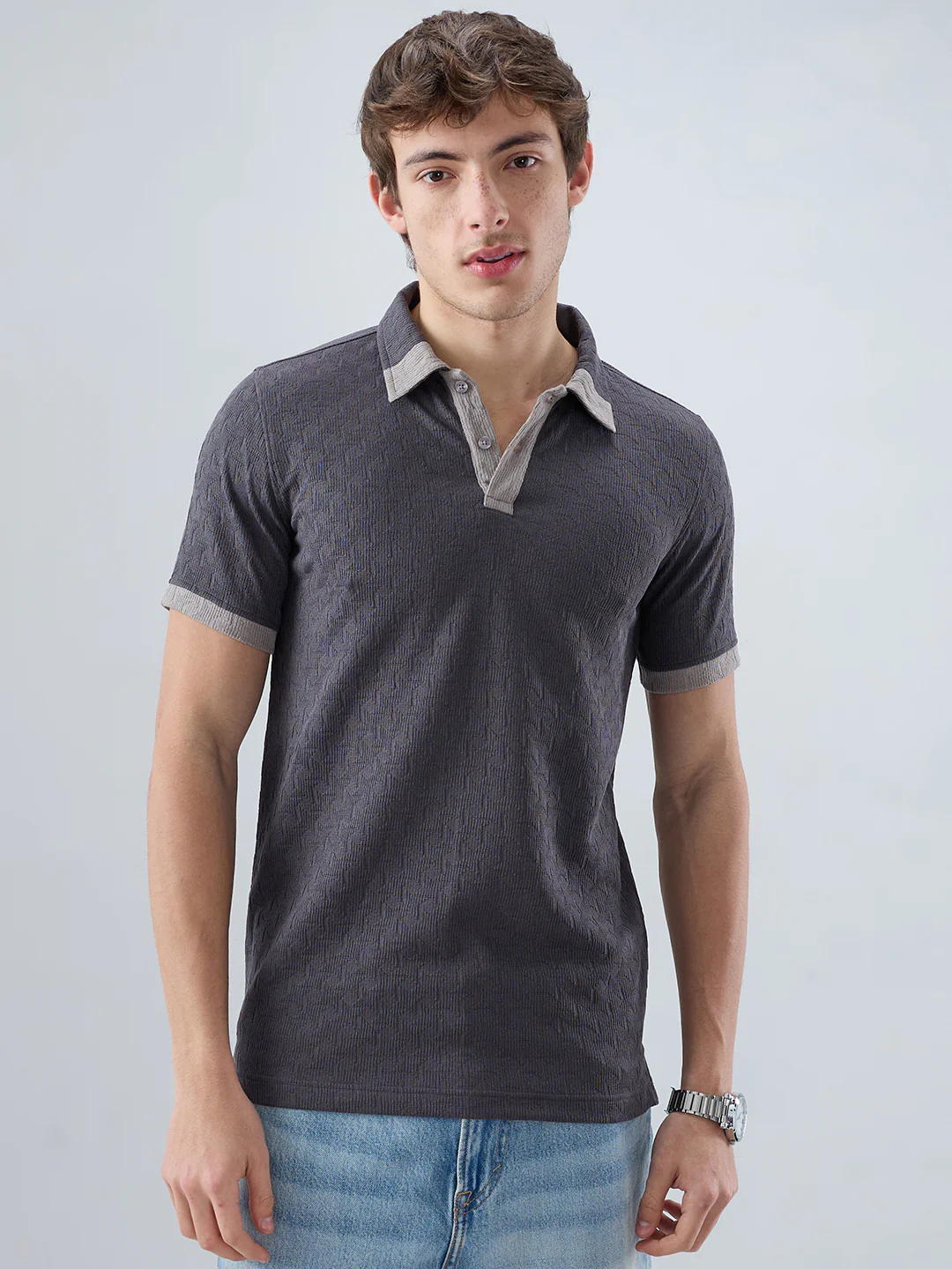 Charcoal Grey Textured Contrast Polo Neck Knit T-shirt - Image 5