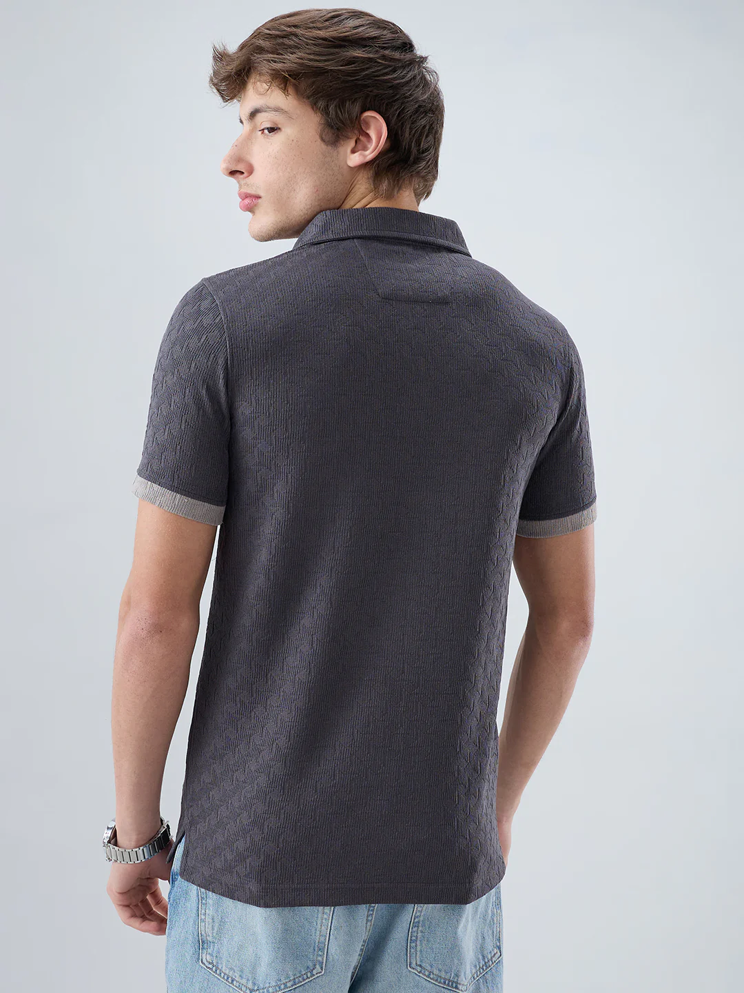 Charcoal Grey Textured Contrast Polo Neck Knit T-shirt - Image 6