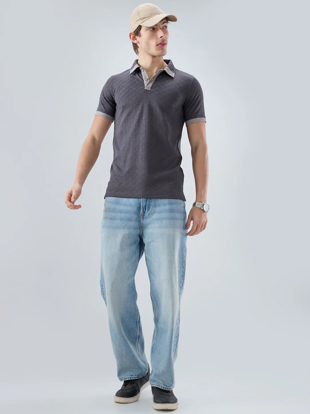 Charcoal Grey Textured Contrast Polo Neck Knit T-shirt - Image 7