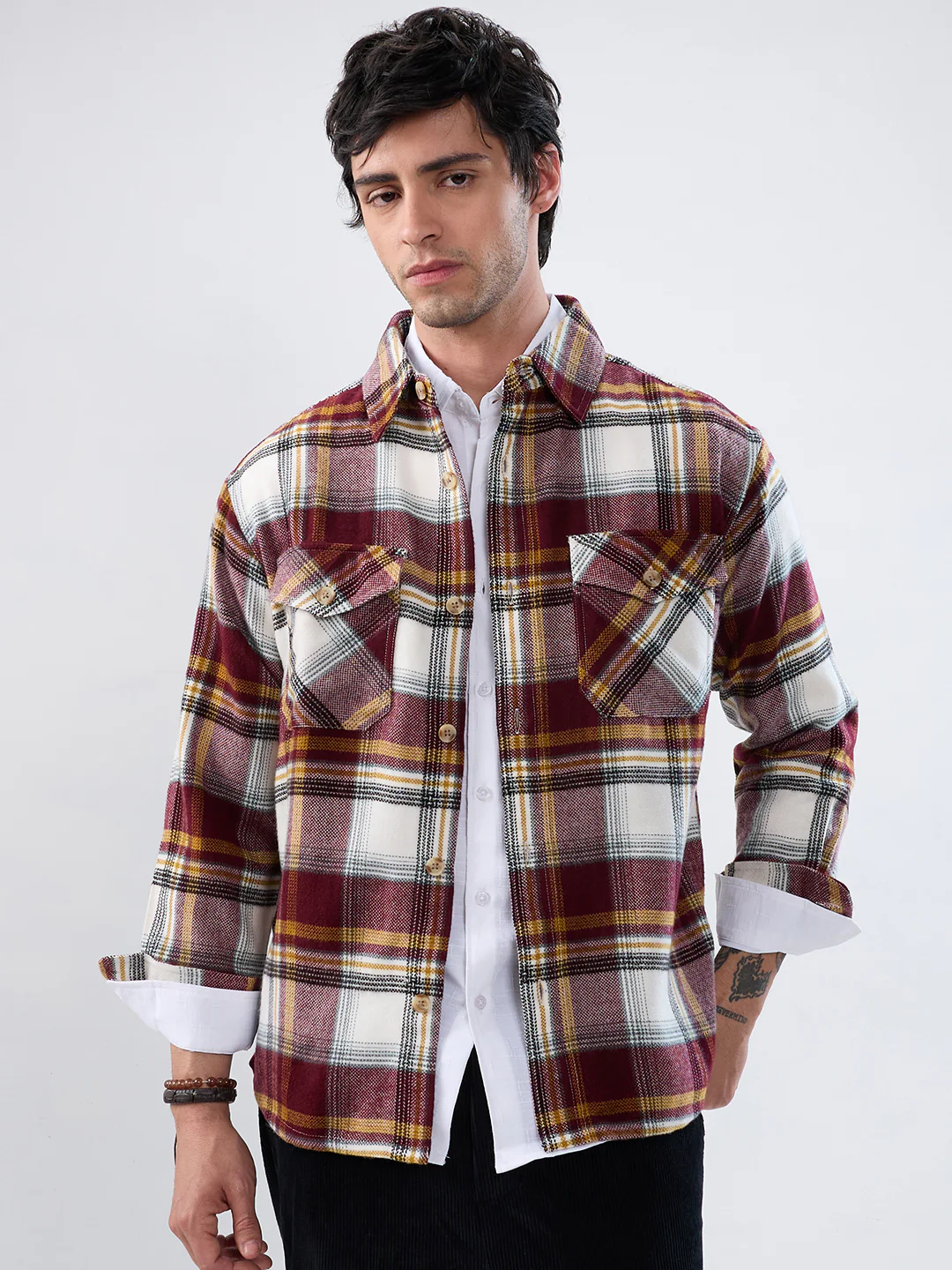Cherry Red & White Checks Double Pocket Flannel Shirt - Image 5