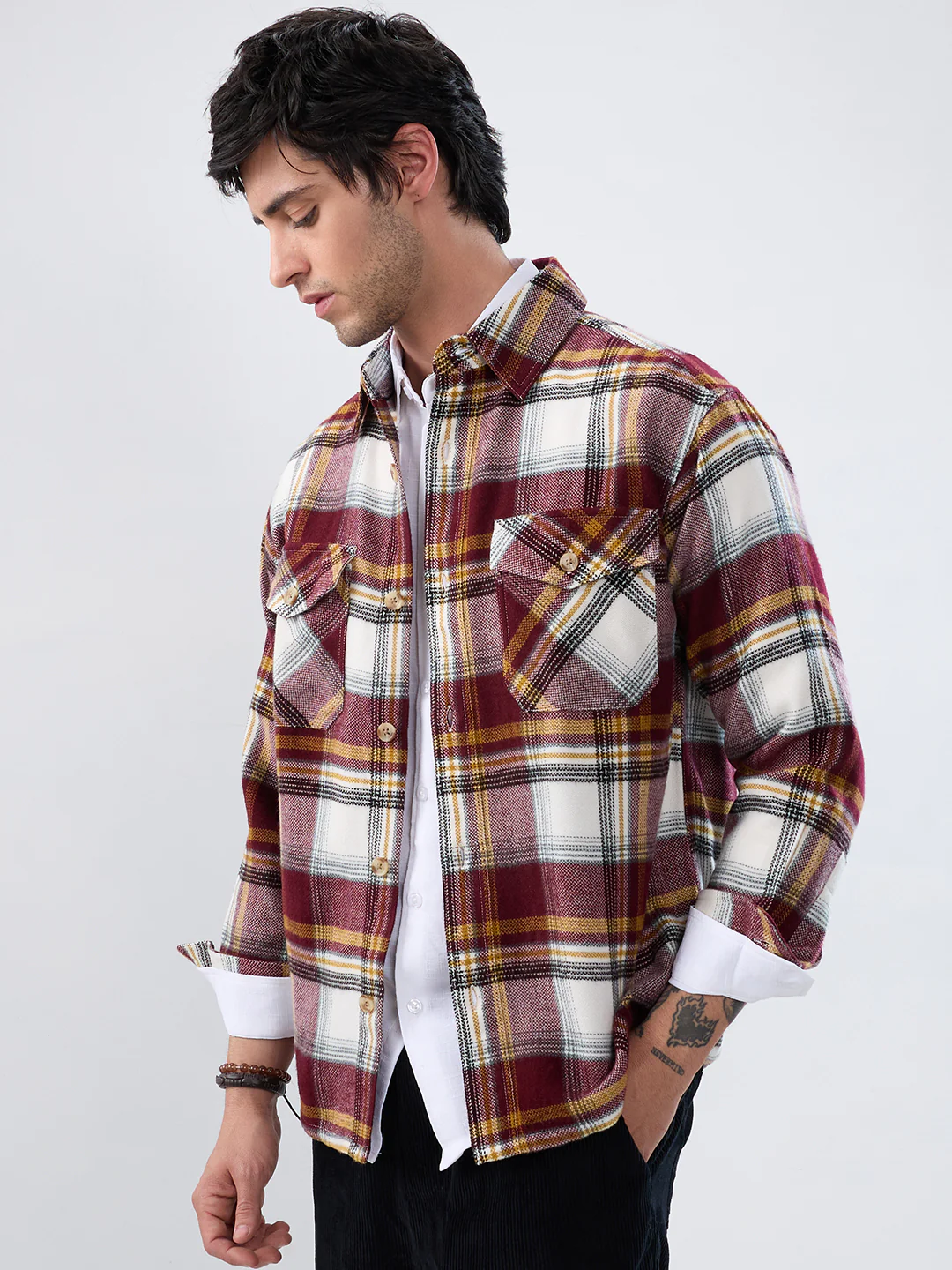 Cherry Red & White Checks Double Pocket Flannel Shirt - Image 6