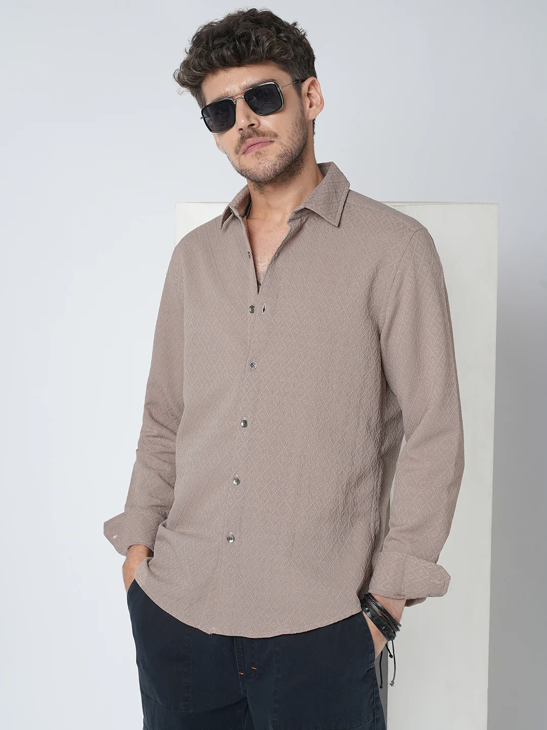 Chestnut Brown Diamond Textured Shirt - Image 2