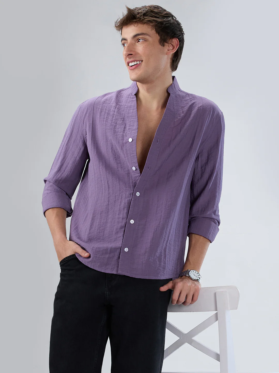 Chinese Violet Crinkled Stand Collar Oversized Shirt - Image 2