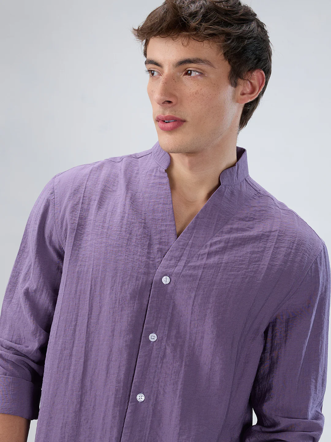 Chinese Violet Crinkled Stand Collar Oversized Shirt - Image 3