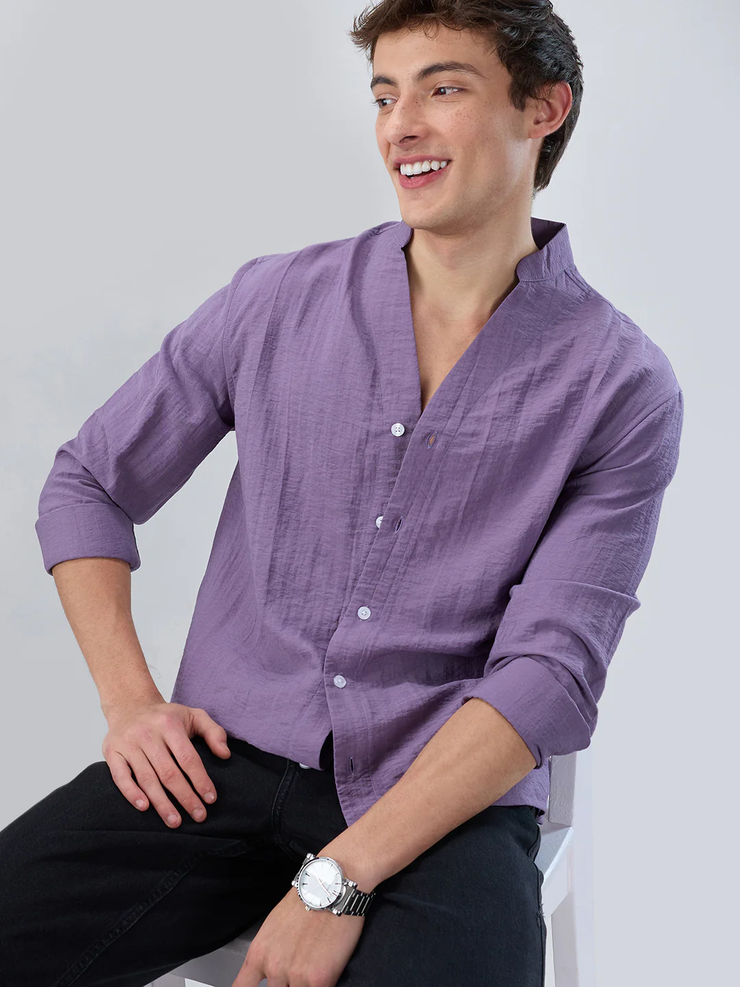 Chinese Violet Crinkled Stand Collar Oversized Shirt - Image 4