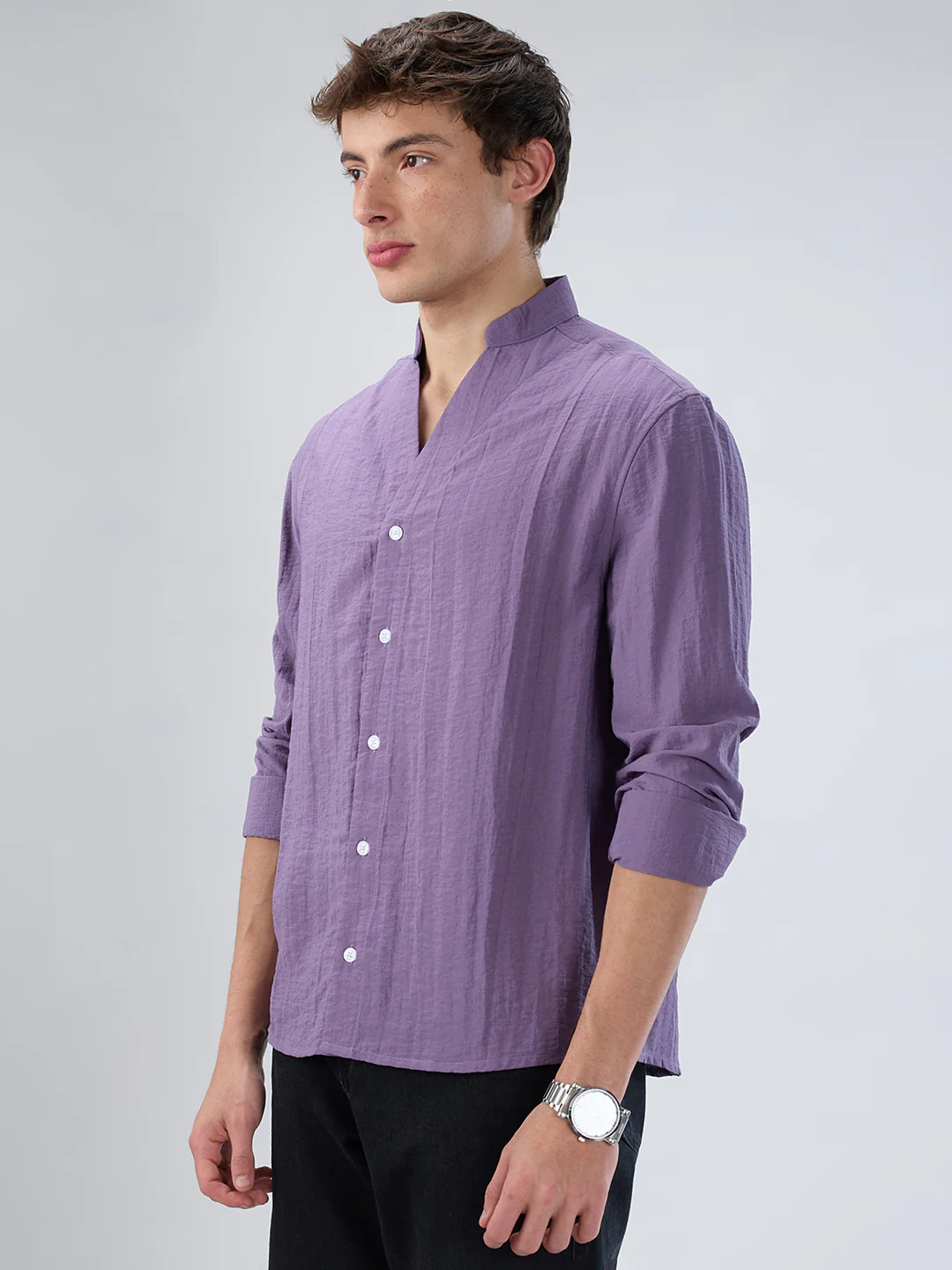 Chinese Violet Crinkled Stand Collar Oversized Shirt - Image 6