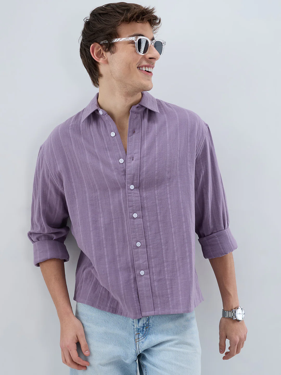 Chinese Violet Double Cloth Striped Boxy Fit Crop Shirt - Image 2