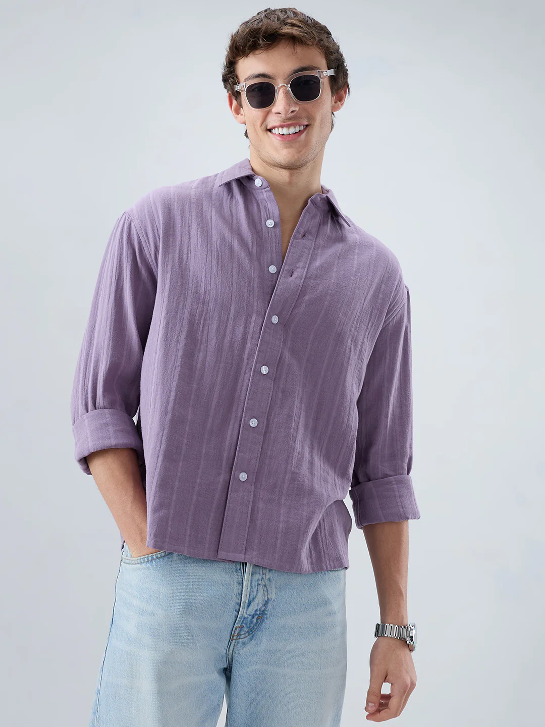 Chinese Violet Double Cloth Striped Boxy Fit Crop Shirt - Image 4