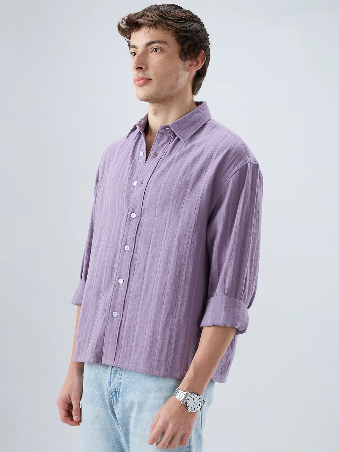 Chinese Violet Double Cloth Striped Boxy Fit Crop Shirt - Image 5