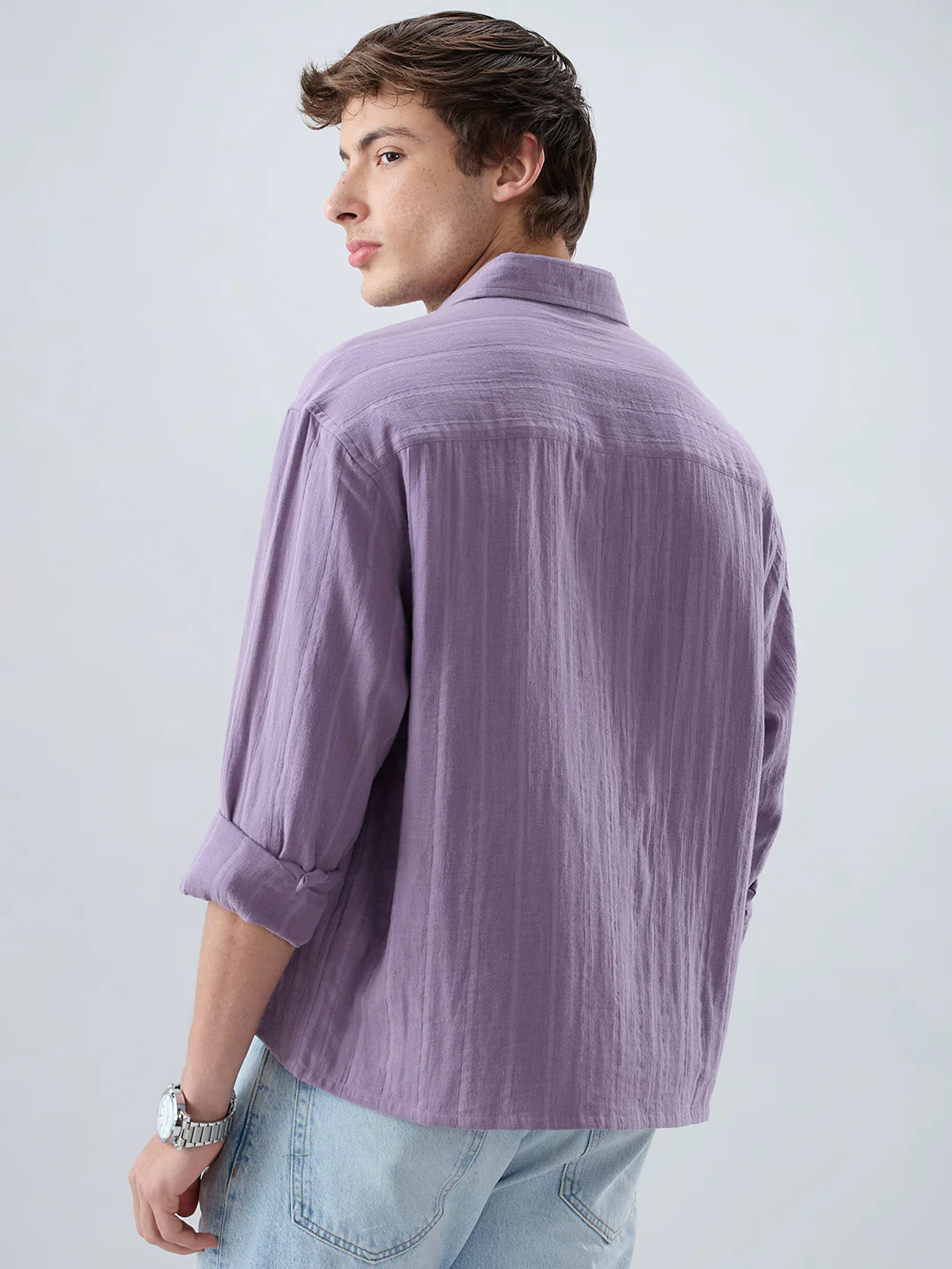 Chinese Violet Double Cloth Striped Boxy Fit Crop Shirt - Image 6