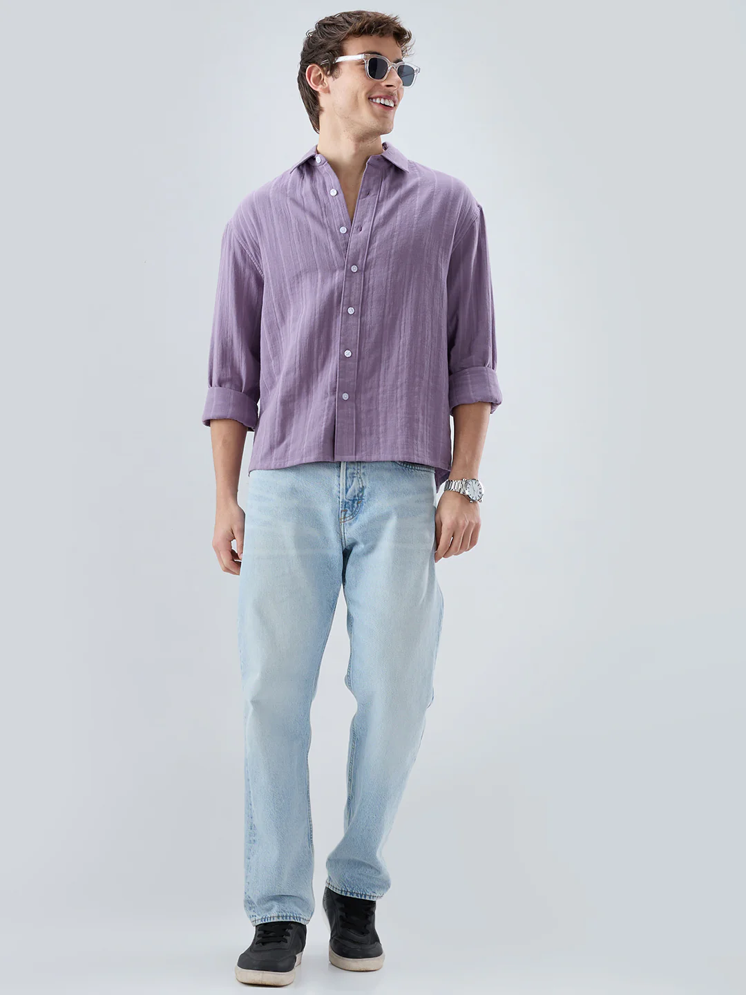 Chinese Violet Double Cloth Striped Boxy Fit Crop Shirt - Image 7