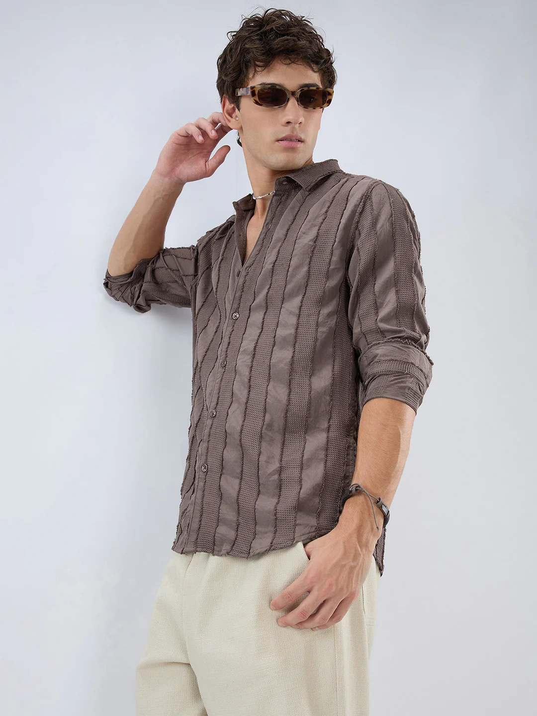Chocolate Brown Frayed Panelled Waffle Textured Shirt - Image 2