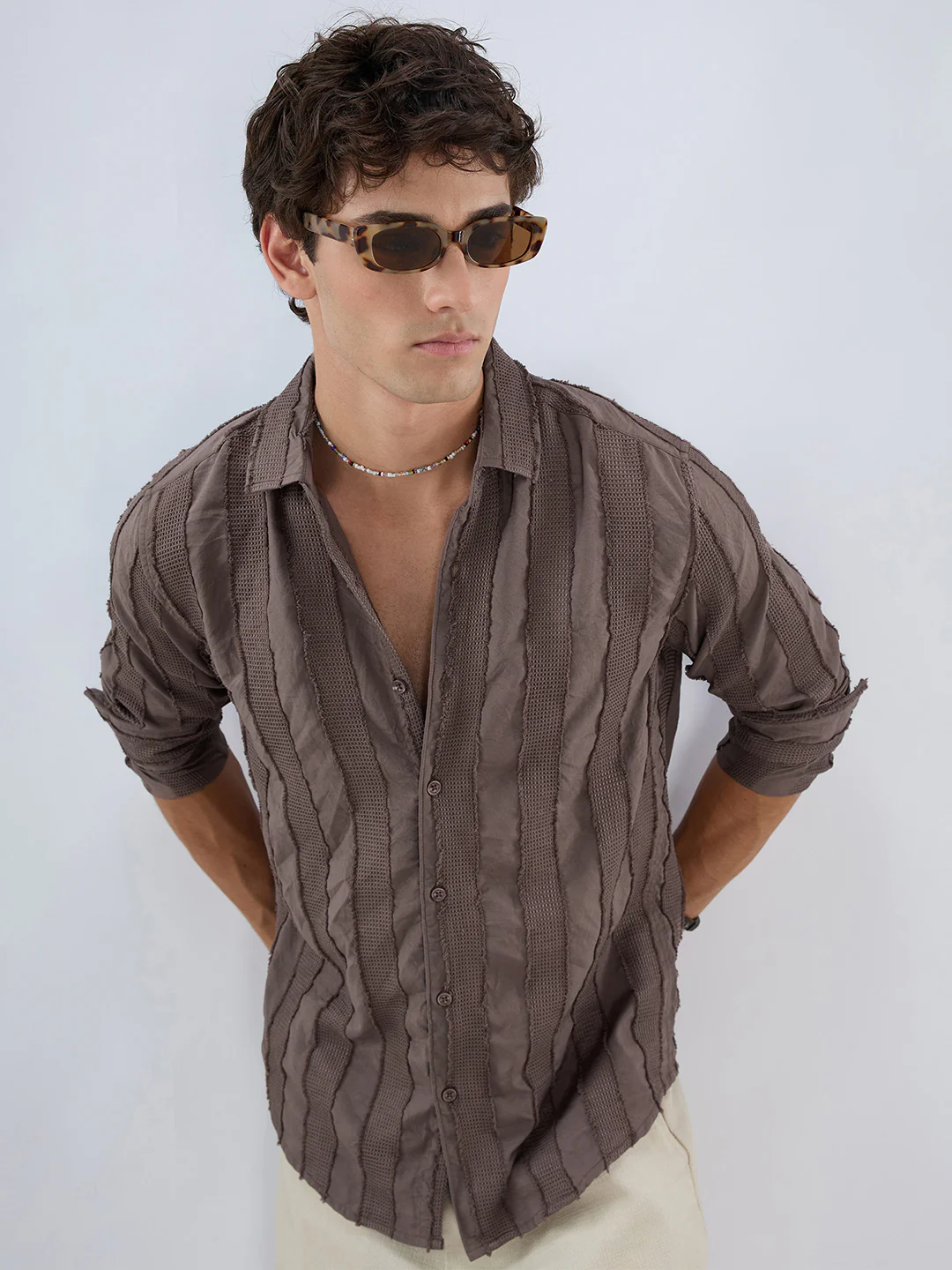 Chocolate Brown Frayed Panelled Waffle Textured Shirt - Image 4