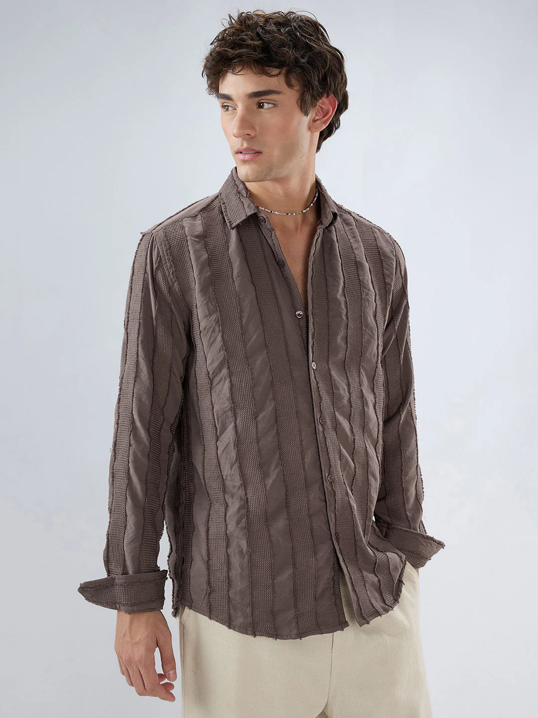 Chocolate Brown Frayed Panelled Waffle Textured Shirt - Image 6