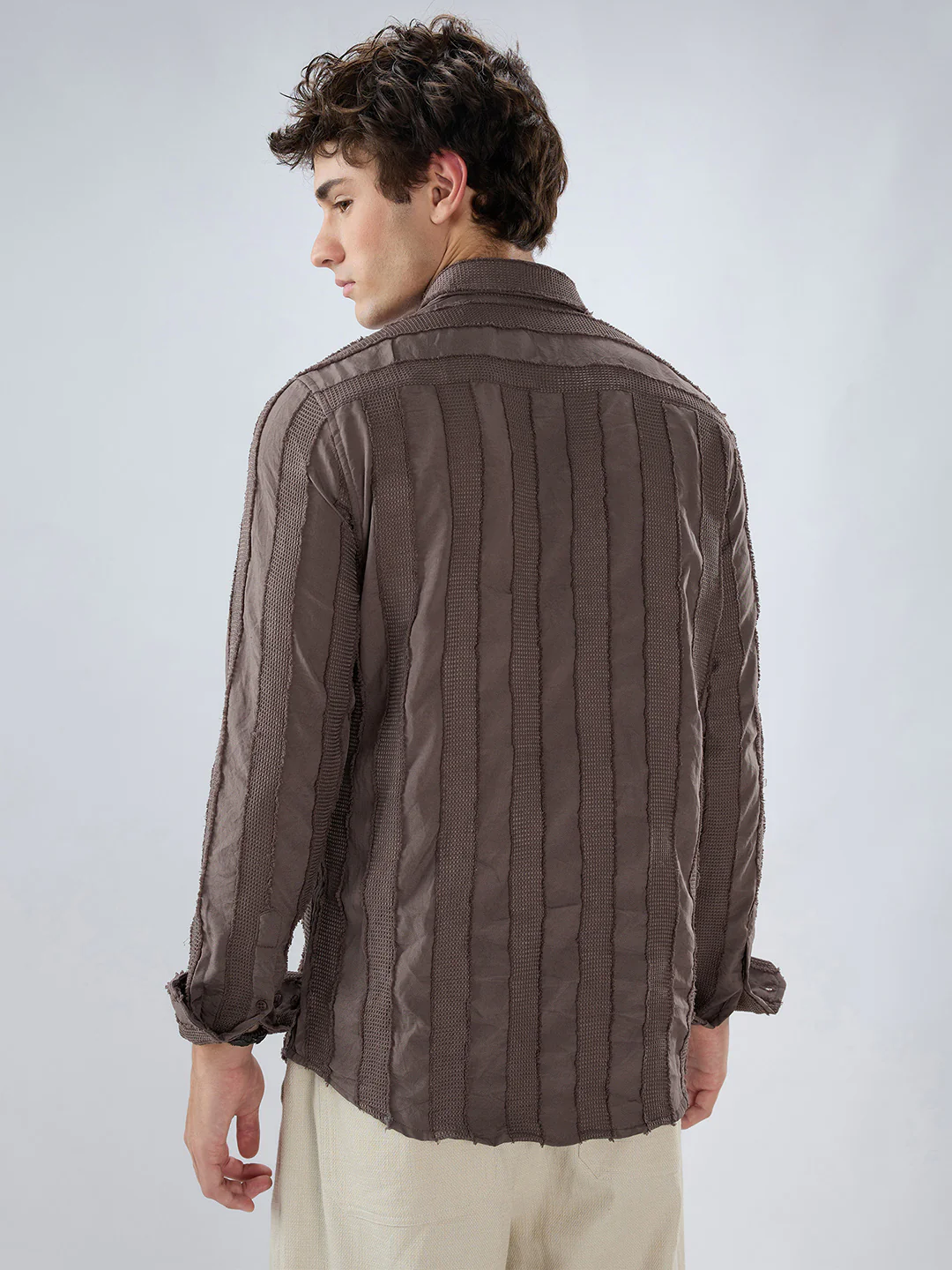 Chocolate Brown Frayed Panelled Waffle Textured Shirt - Image 7