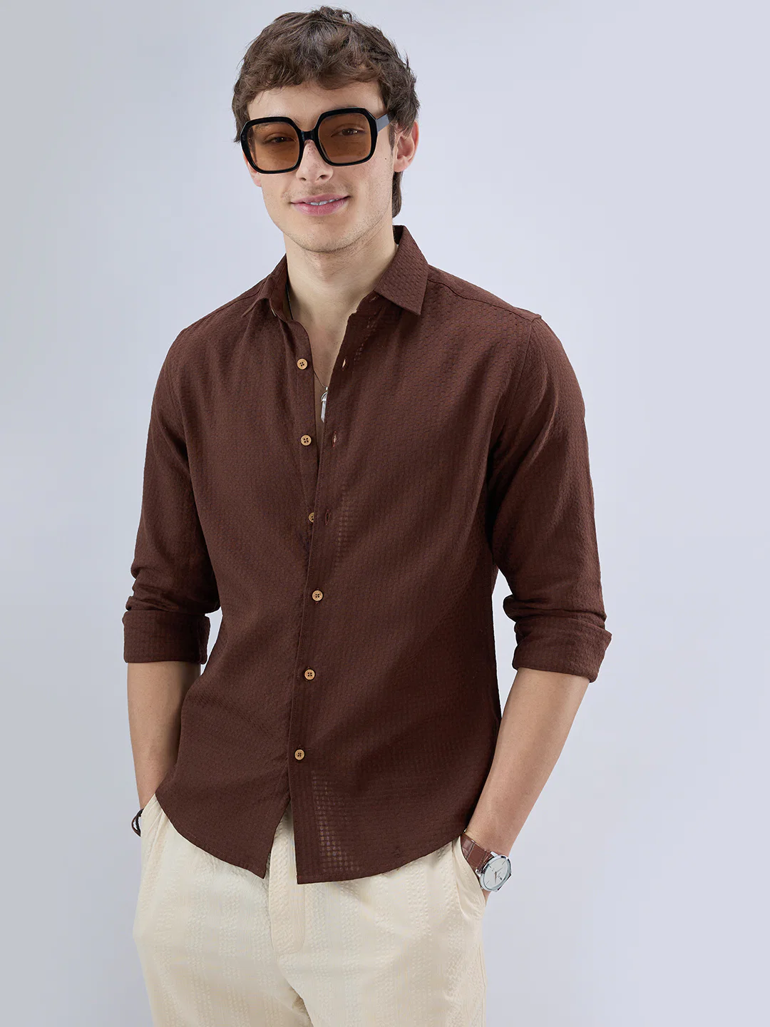 Chocolate Brown Textured Weave Shirt - Image 2