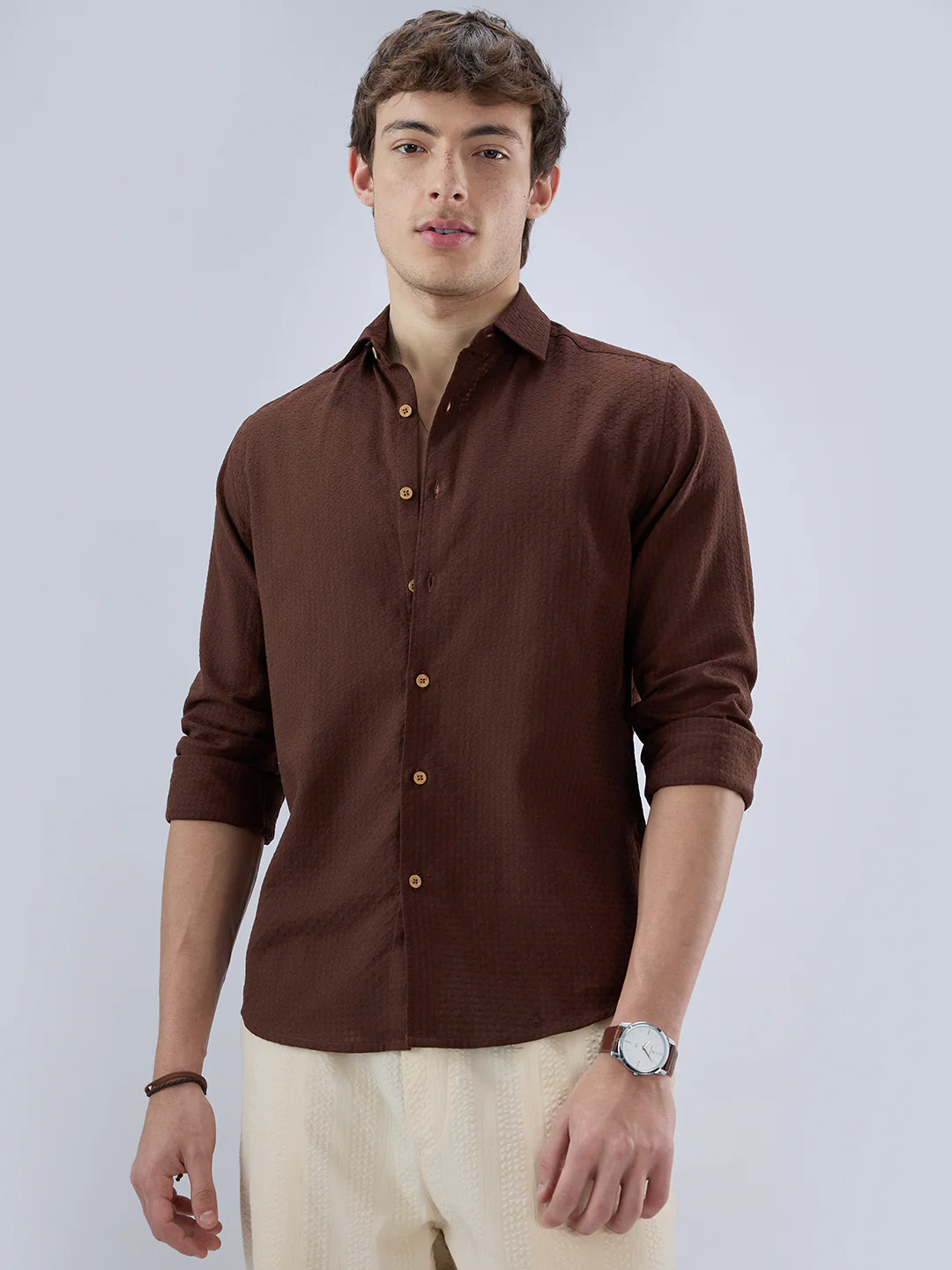 Chocolate Brown Textured Weave Shirt - Image 5