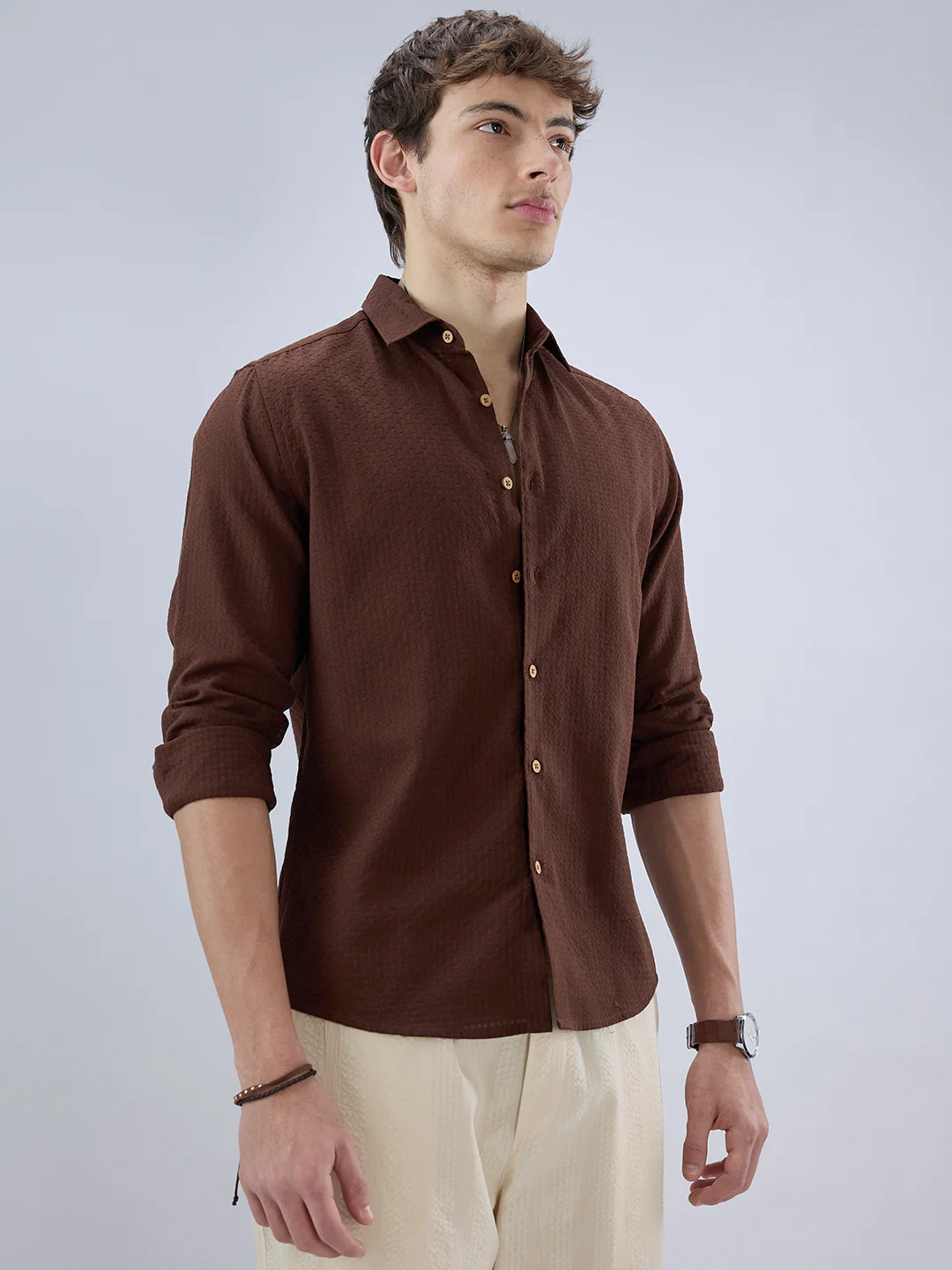 Chocolate Brown Textured Weave Shirt - Image 6