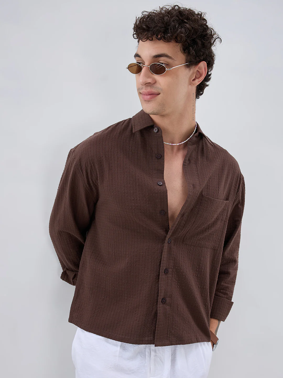Chocolate Brown Micro Box Textured Boxy Fit Crop Shirt - Image 2