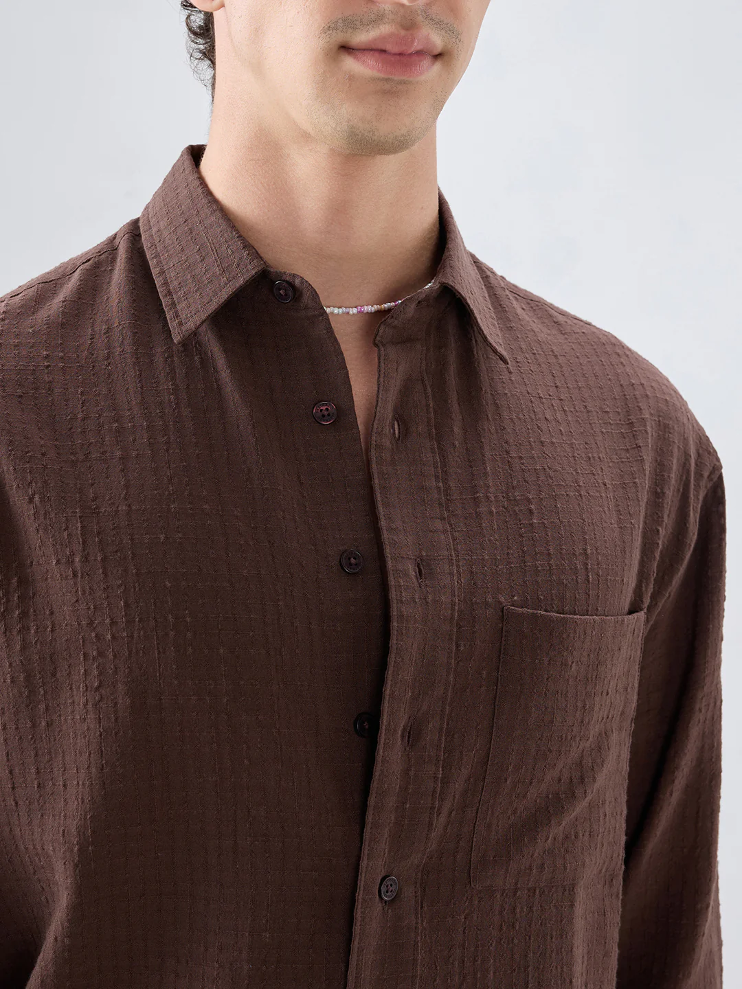 Chocolate Brown Micro Box Textured Boxy Fit Crop Shirt - Image 3