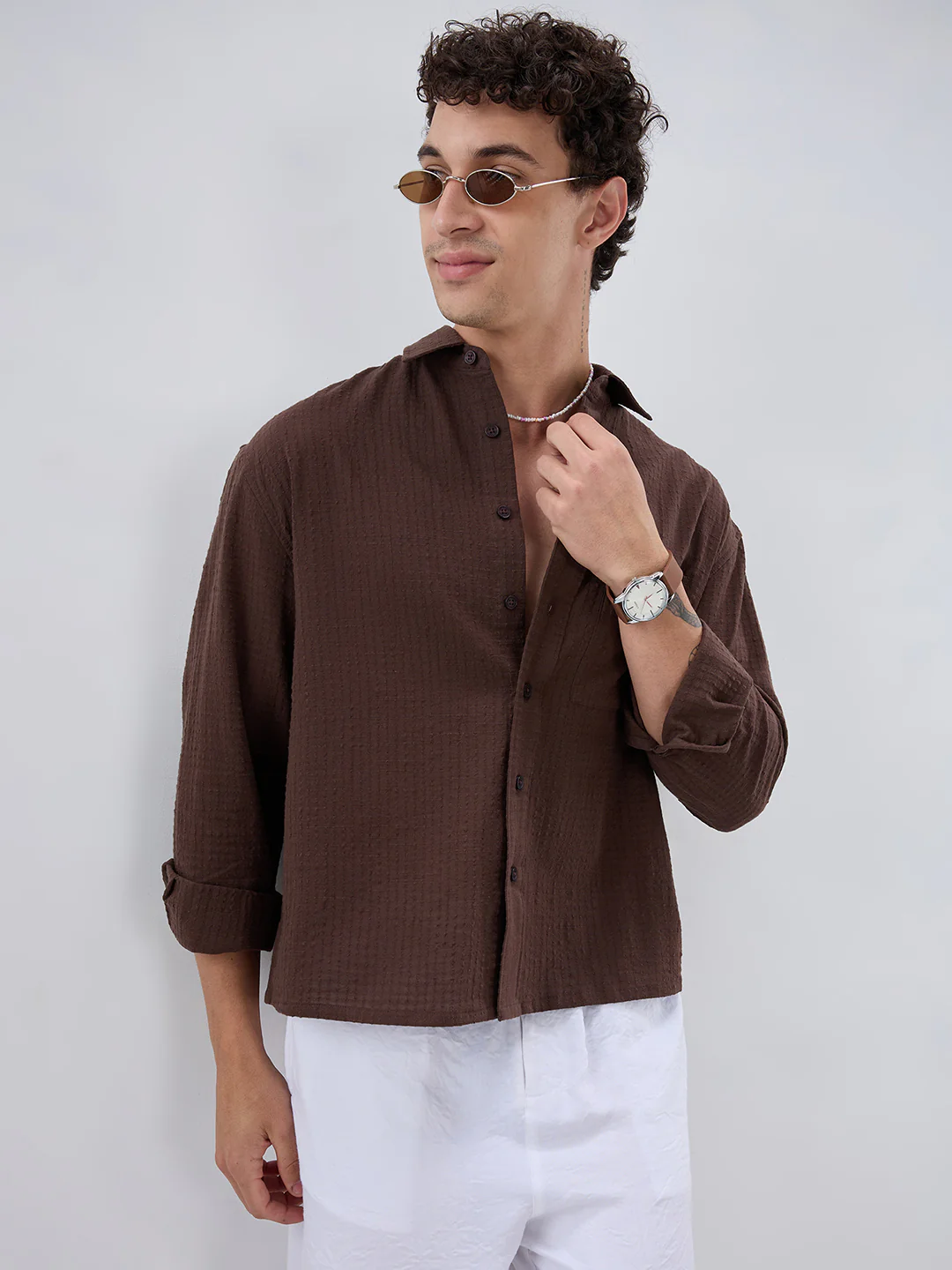 Chocolate Brown Micro Box Textured Boxy Fit Crop Shirt - Image 4