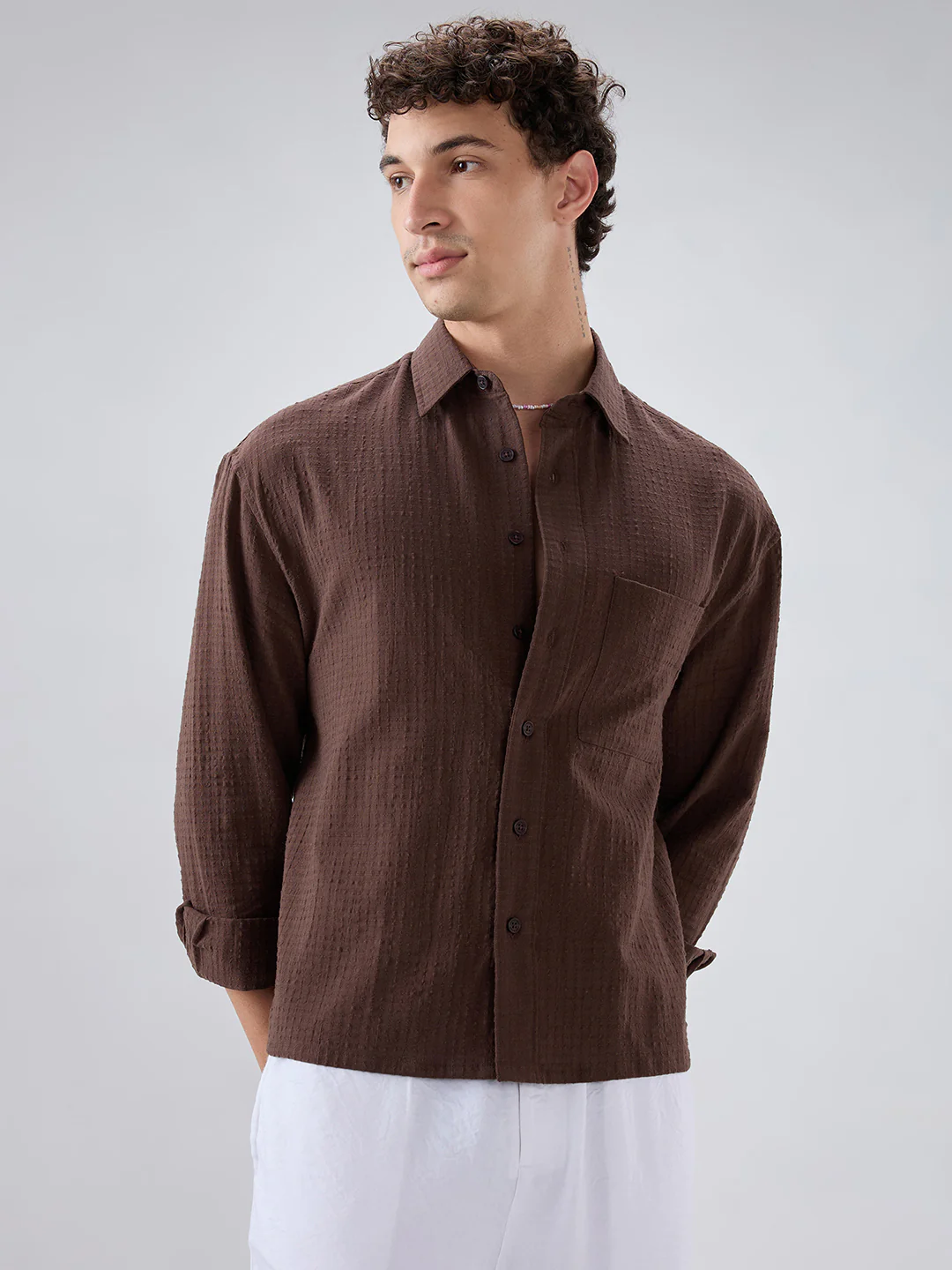 Chocolate Brown Micro Box Textured Boxy Fit Crop Shirt - Image 5