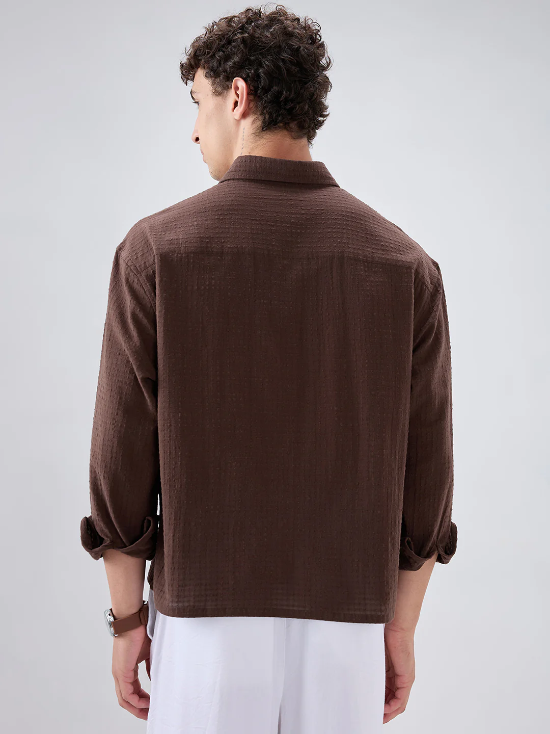 Chocolate Brown Micro Box Textured Boxy Fit Crop Shirt - Image 7