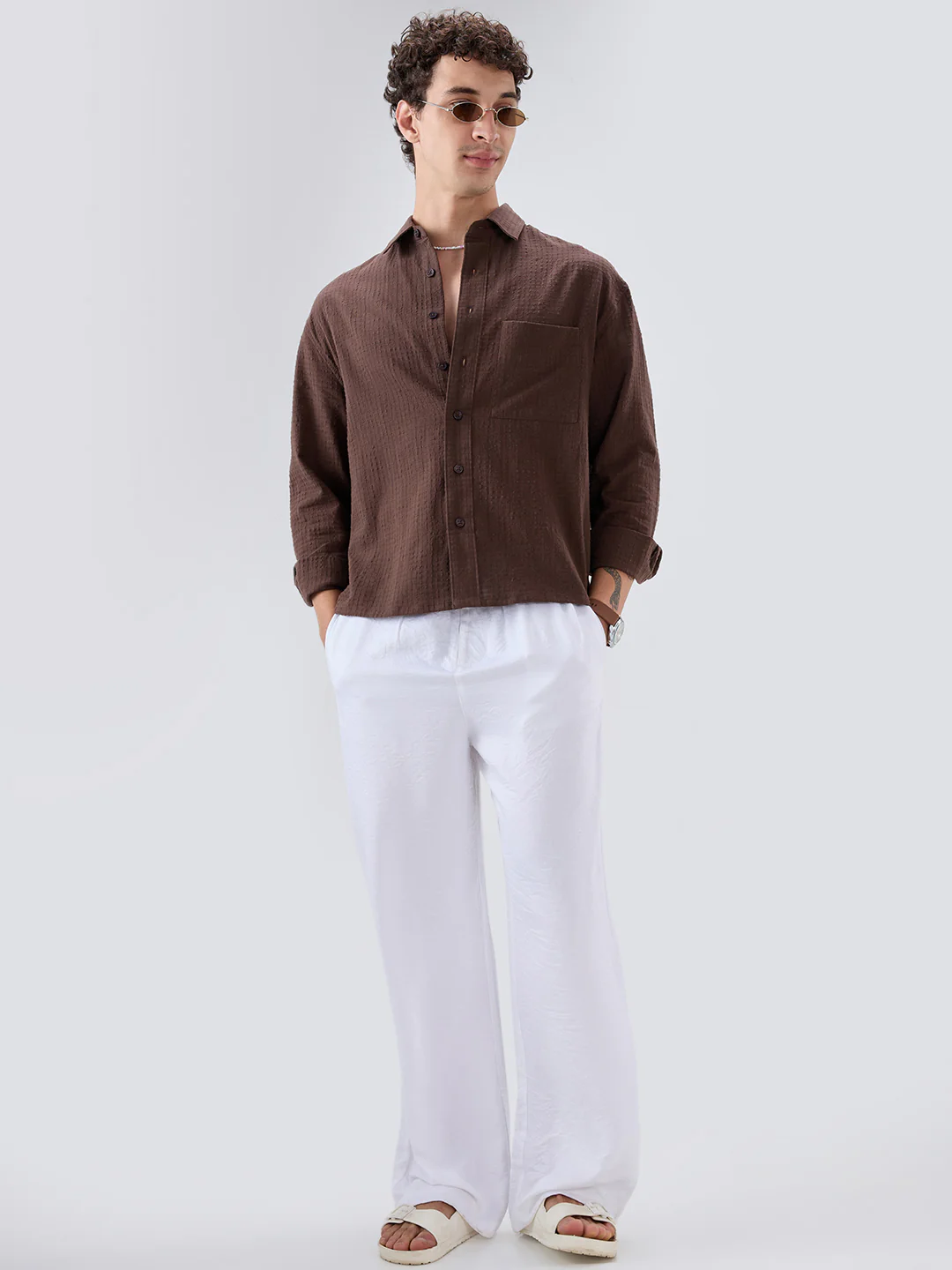 Chocolate Brown Micro Box Textured Boxy Fit Crop Shirt - Image 8