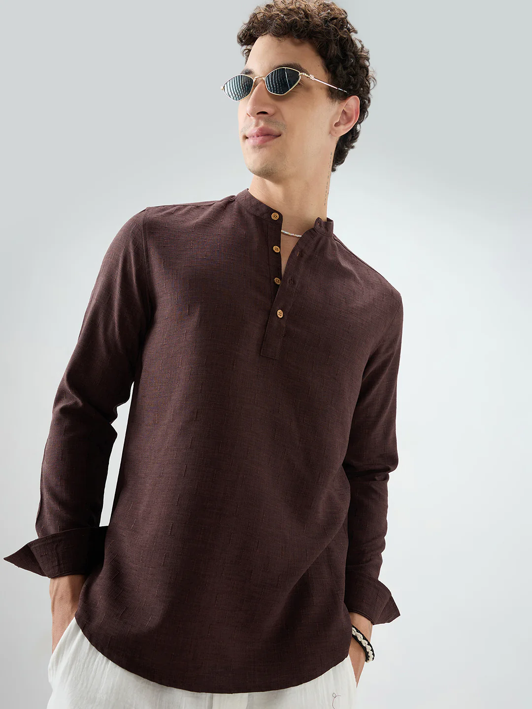 Chocolate Brown Minimal Textured Kurta - Image 2